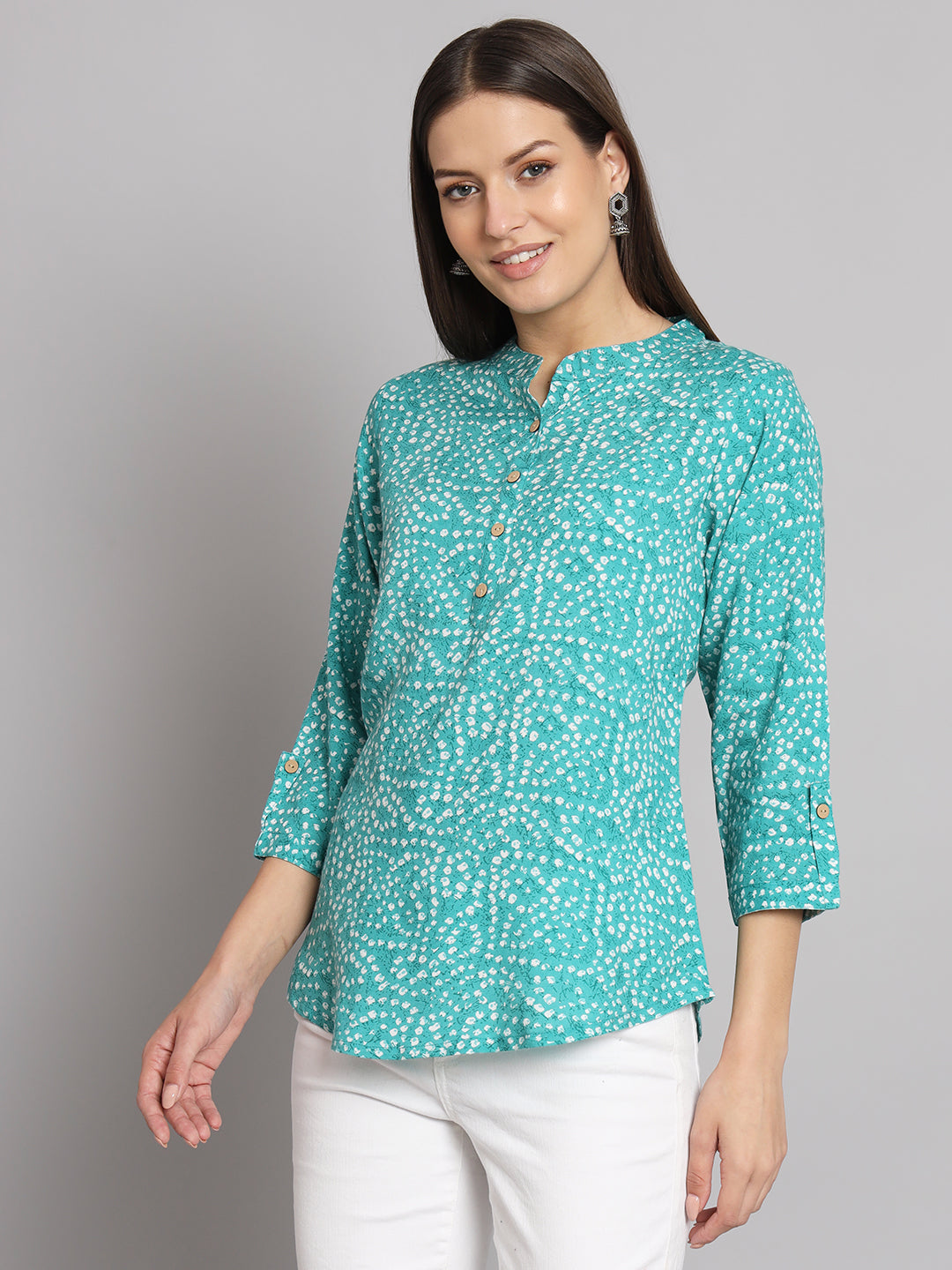 Sea Green Bandhej Printed 3/4th Sleeve Casual Top