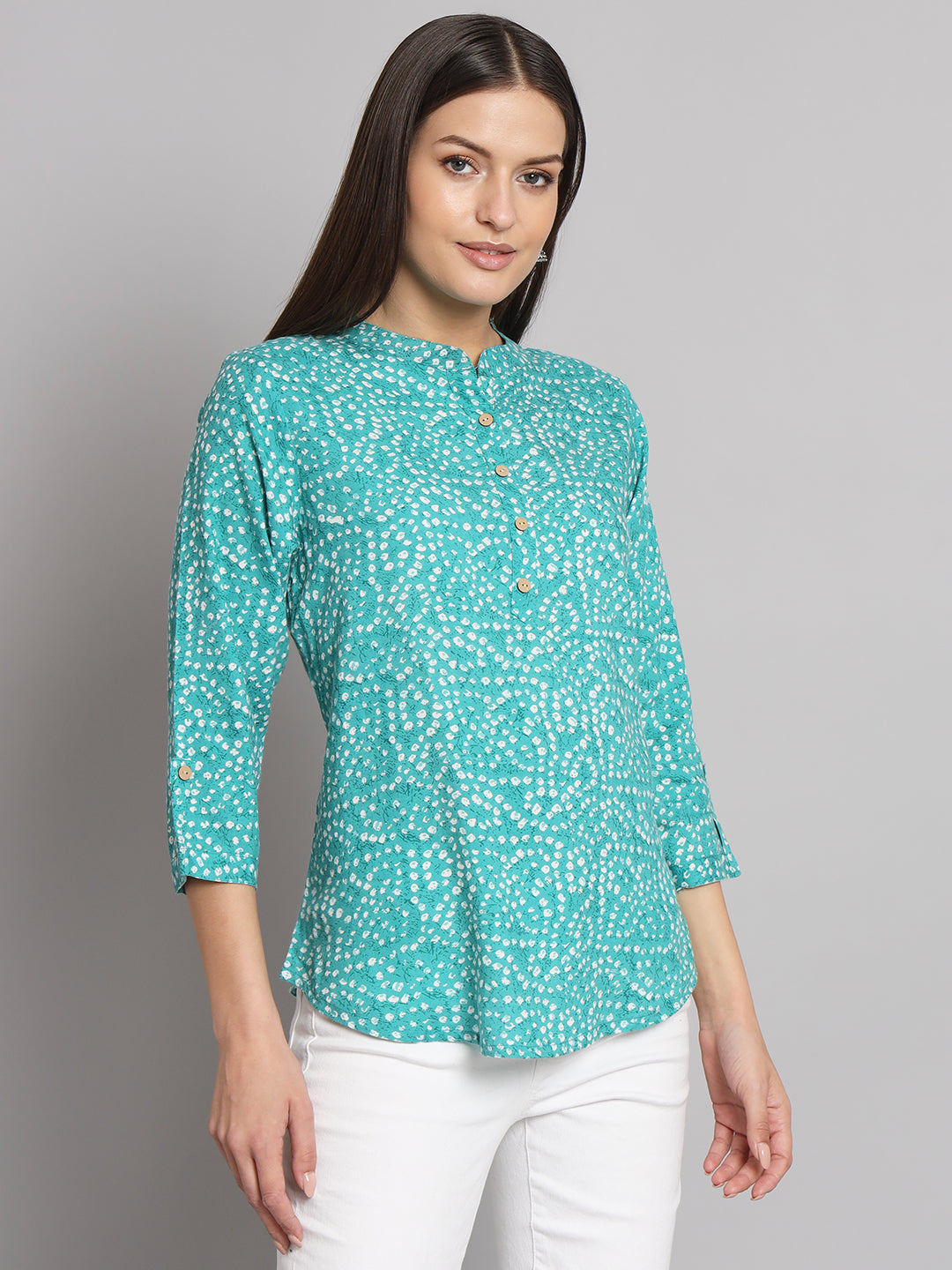 Sea Green Bandhej Printed 3/4th Sleeve Casual Top