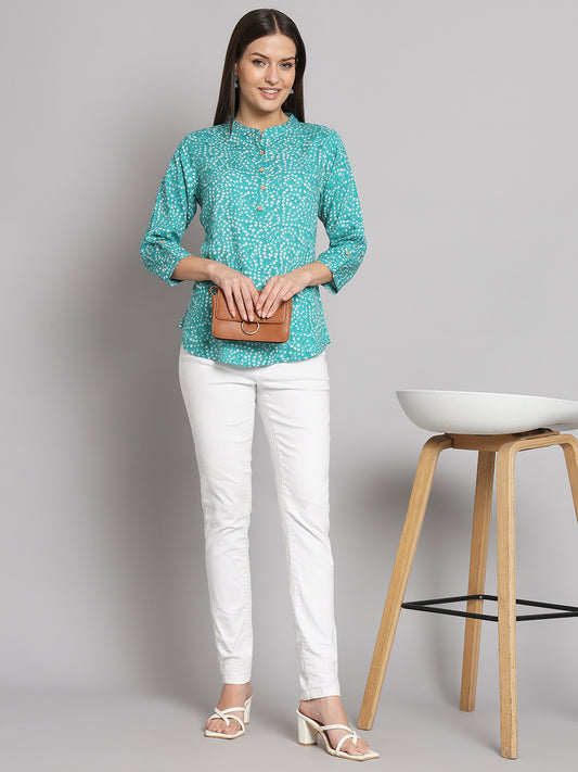 Sea Green Bandhej Printed 3/4th Sleeve Casual Top