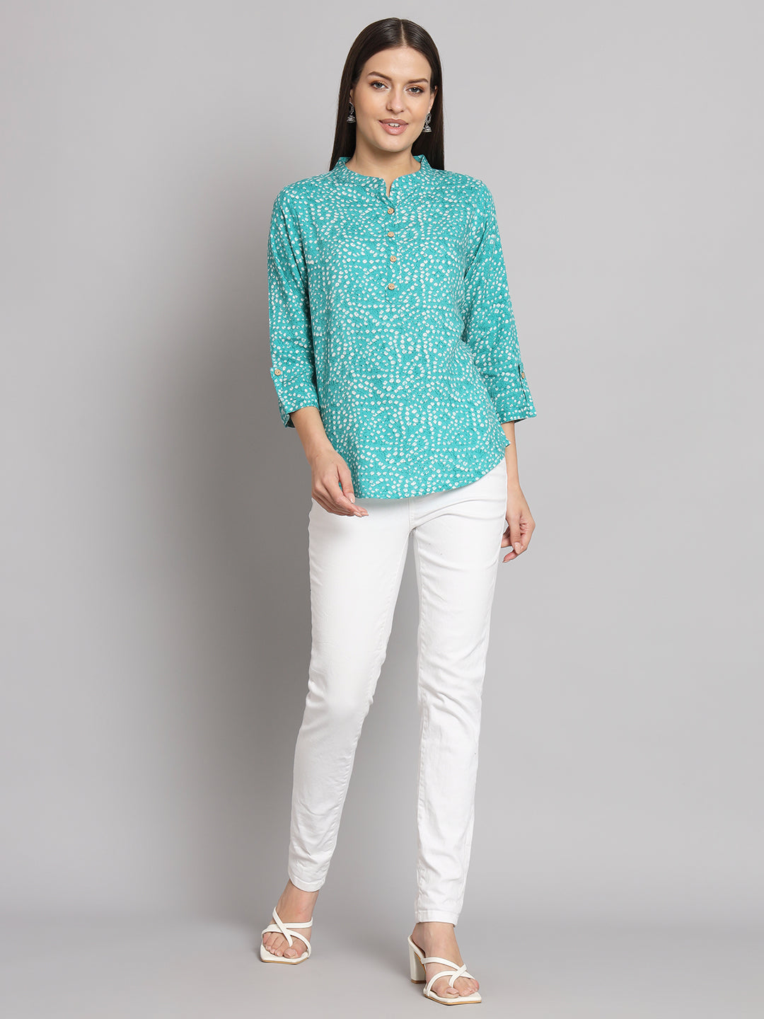 Sea Green Bandhej Printed 3/4th Sleeve Casual Top