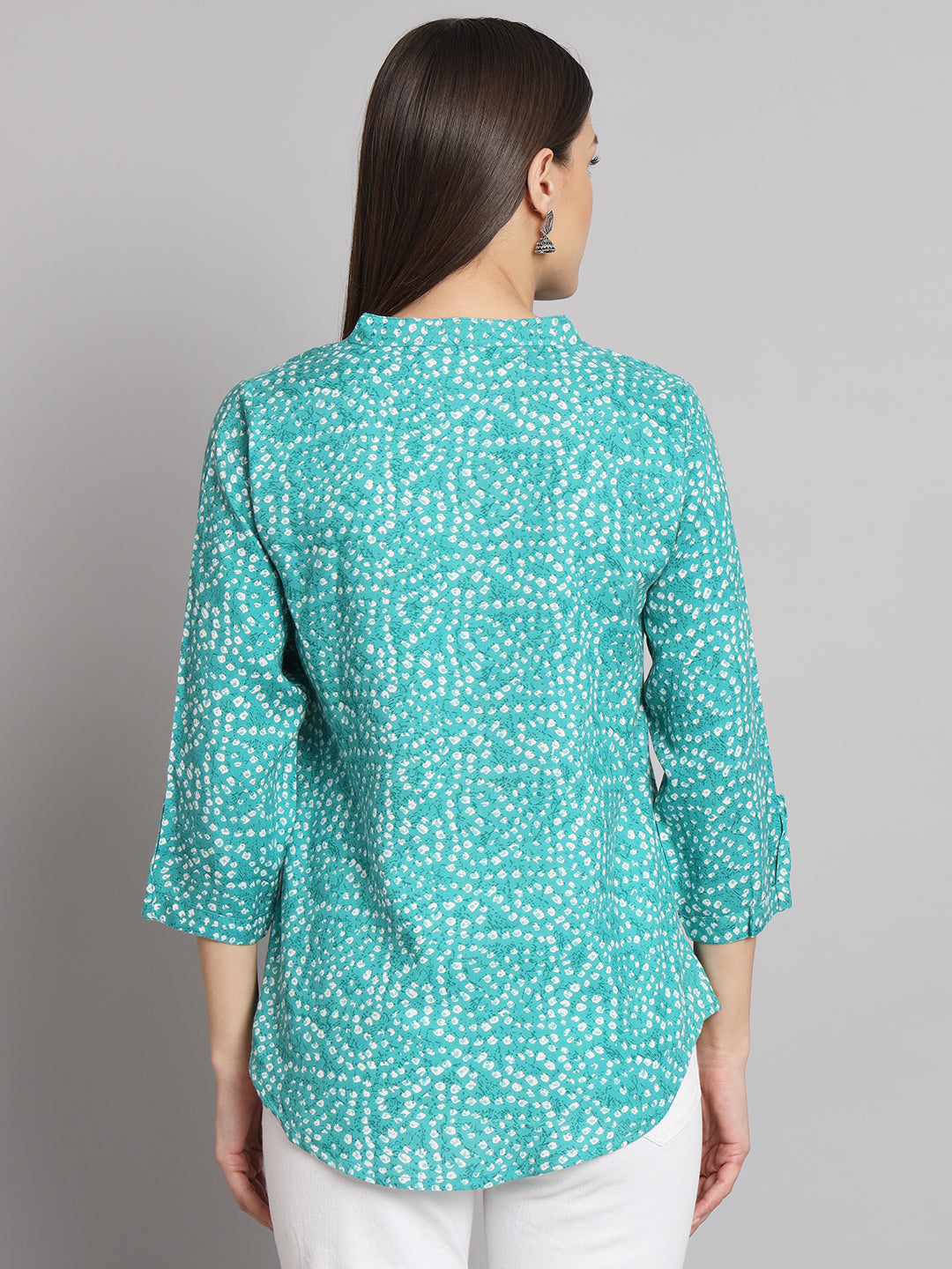 Sea Green Bandhej Printed 3/4th Sleeve Casual Top