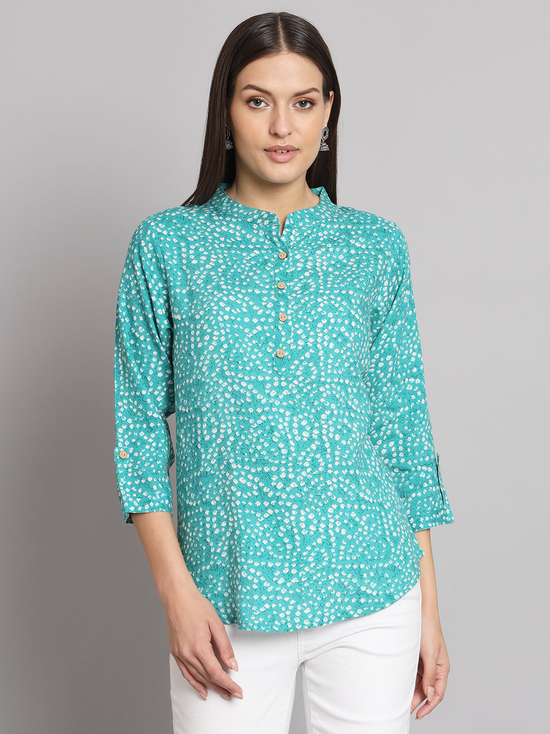 Sea Green Bandhej Printed 3/4th Sleeve Casual Top