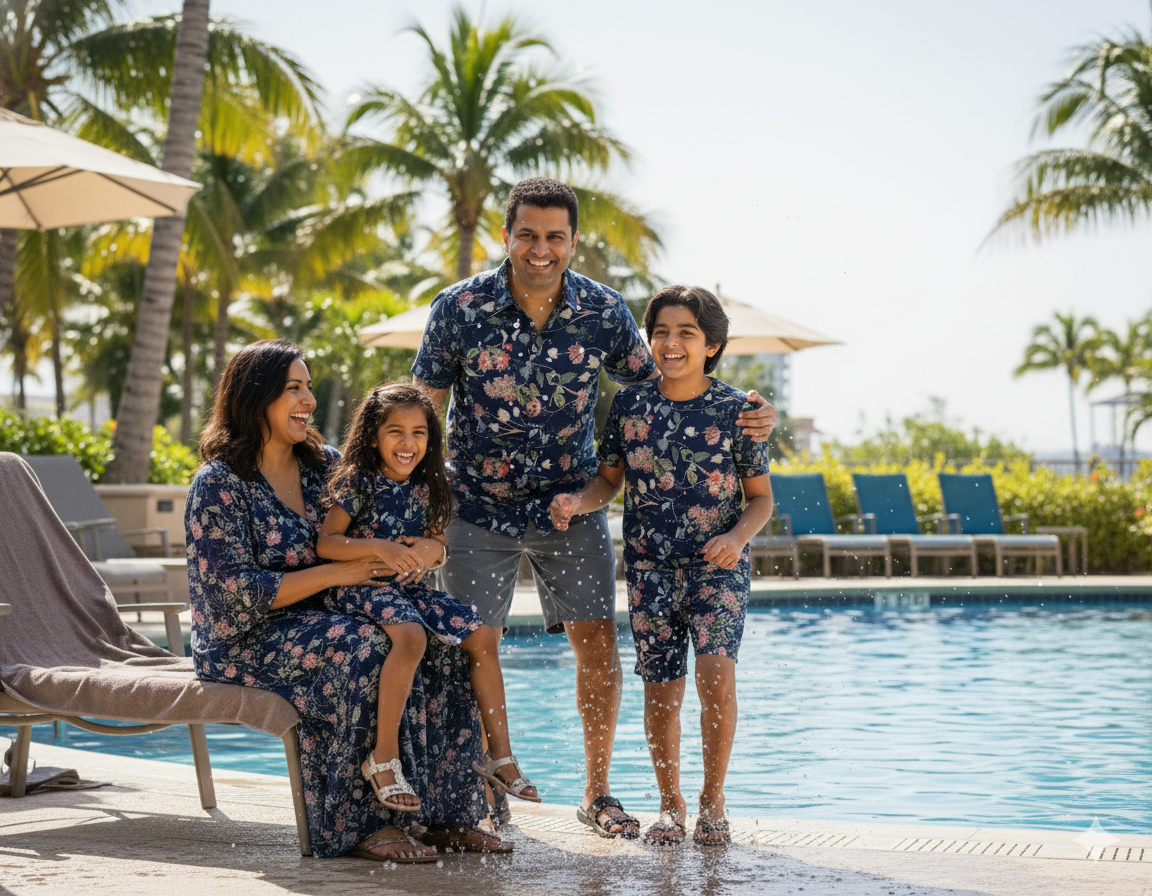 Family Matching Combo Navy Blue Floral Print Dress for Vacation & Pool Party