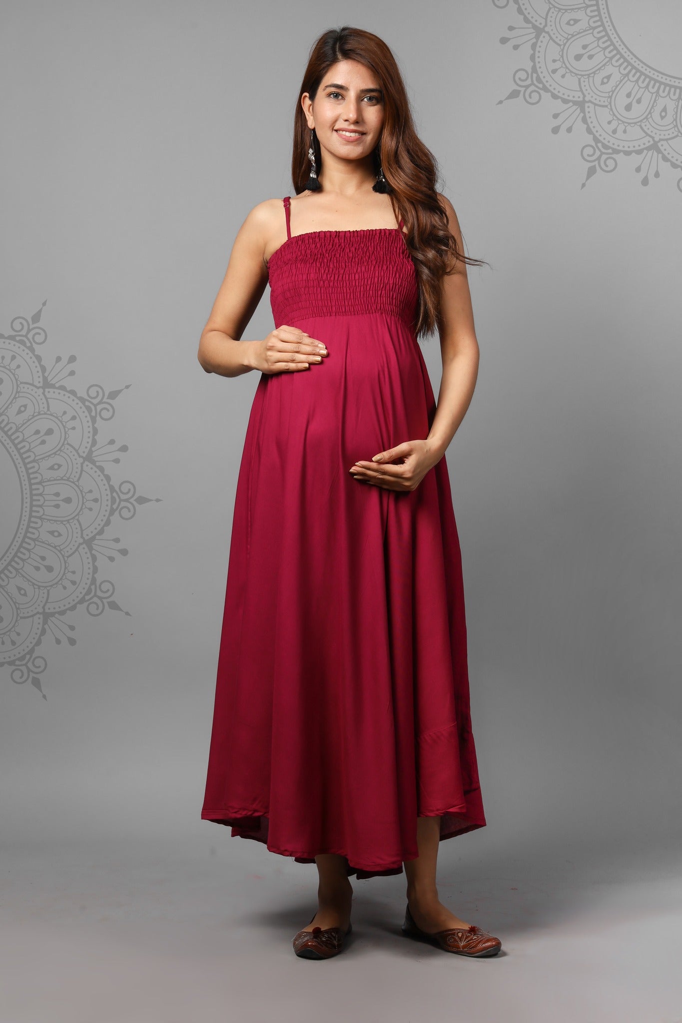 Solid Wine Color Shoulder Straps Maternity Gown