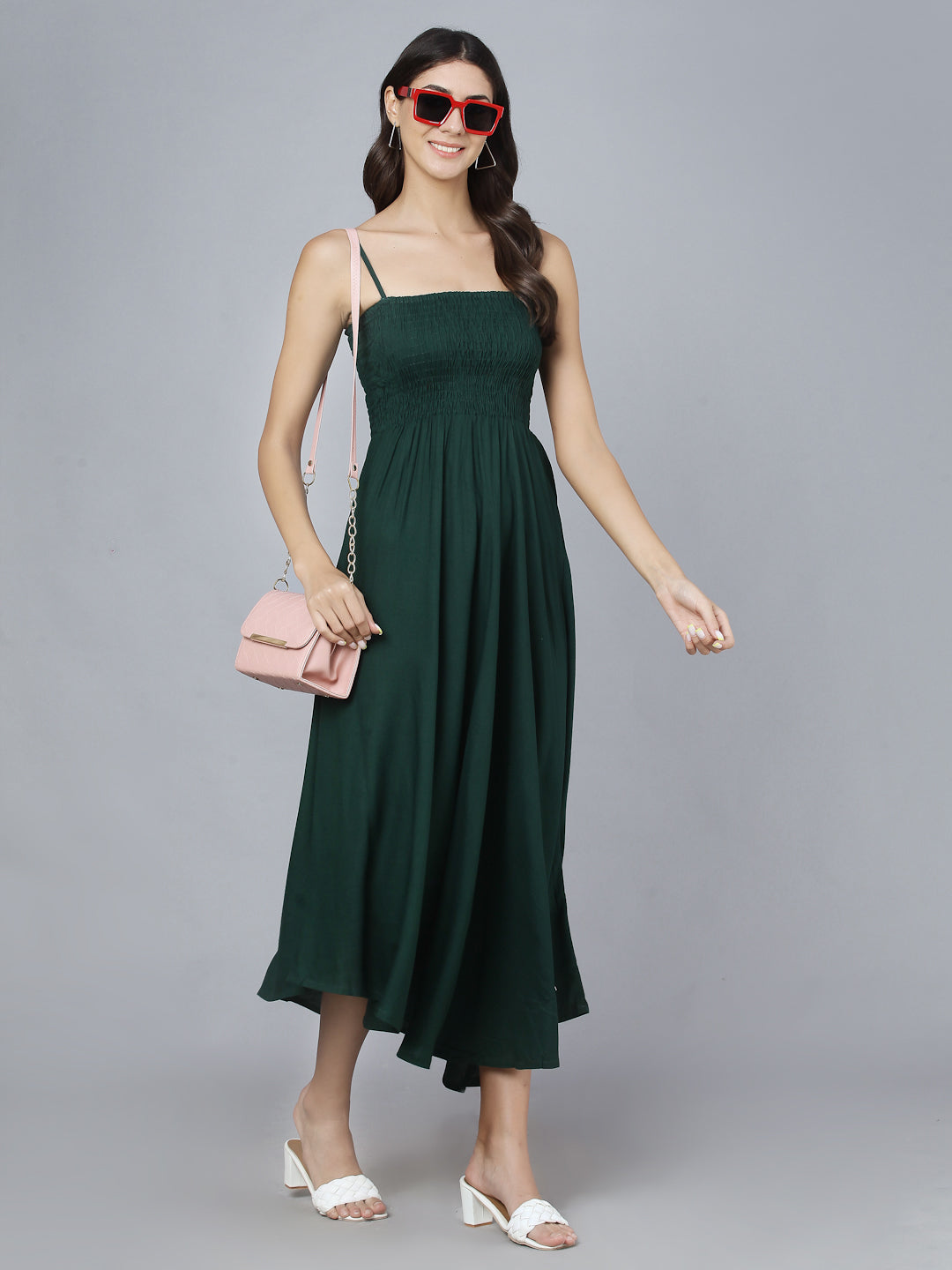 Bottle Green Shoulder Straps Maxi Dress