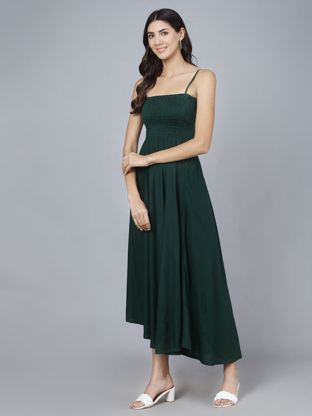 Bottle Green Shoulder Straps Maxi Dress