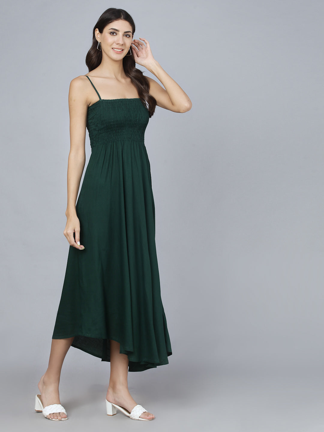 Bottle Green Shoulder Straps Maxi Dress