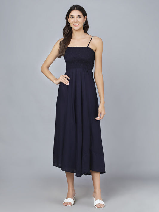 Navy Blue Shoulder Straps Long Bobbin Gown Dress