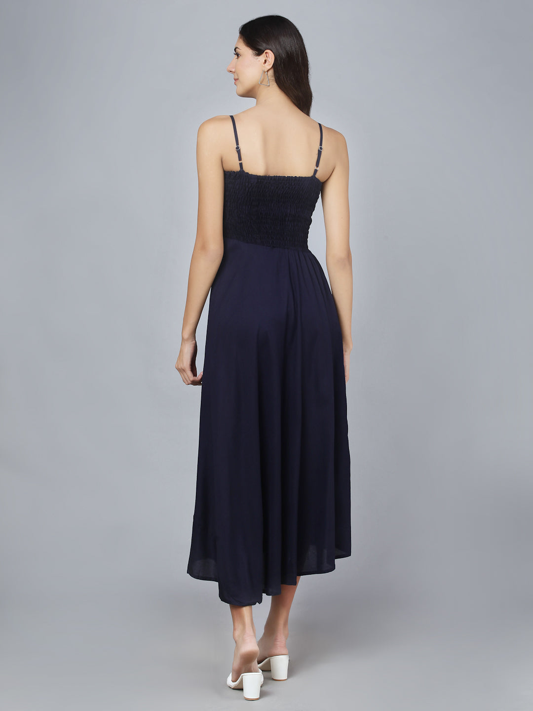 Navy Blue Shoulder Straps Long Bobbin Gown Dress
