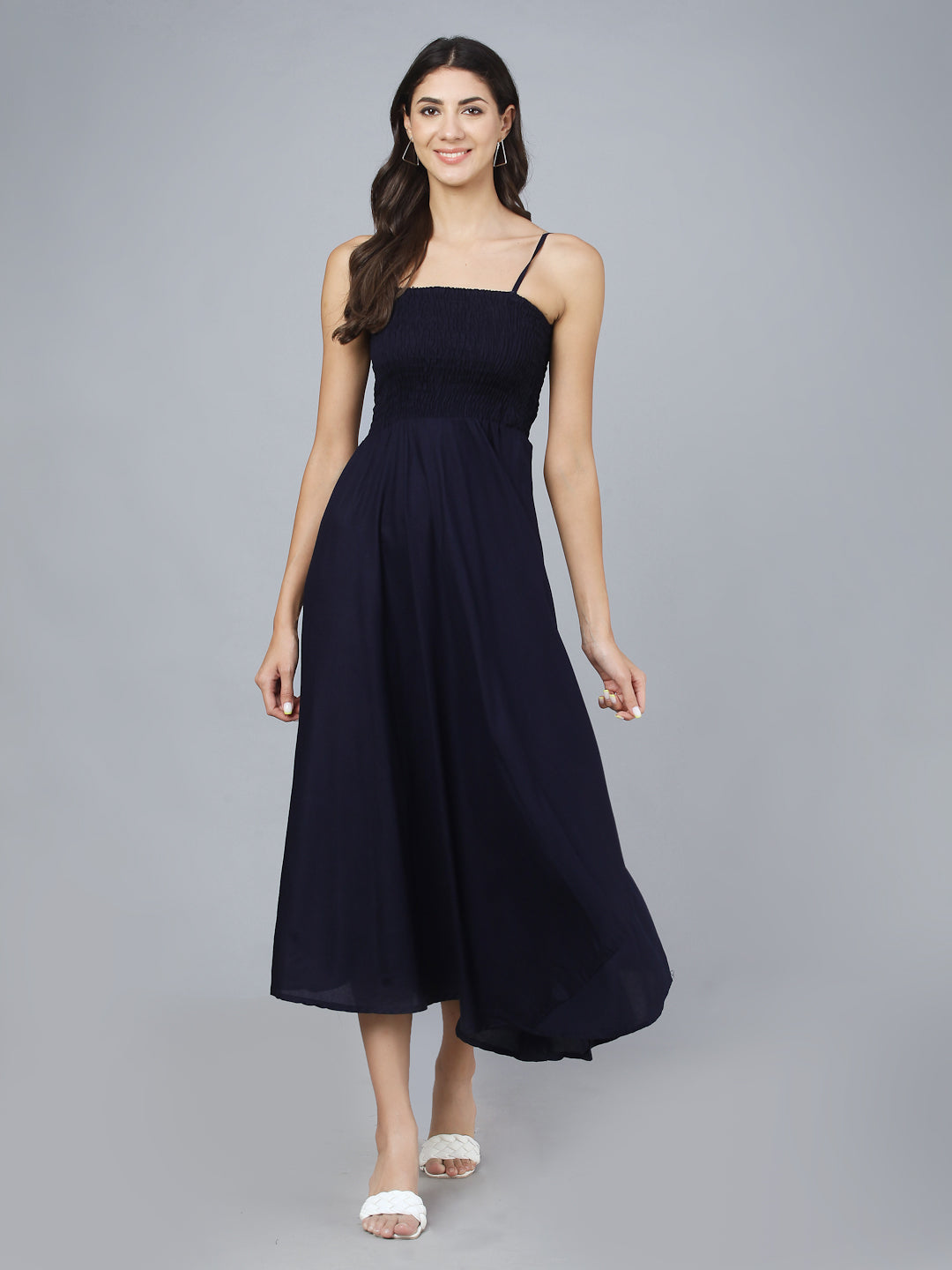 Navy Blue Shoulder Straps Long Bobbin Gown Dress