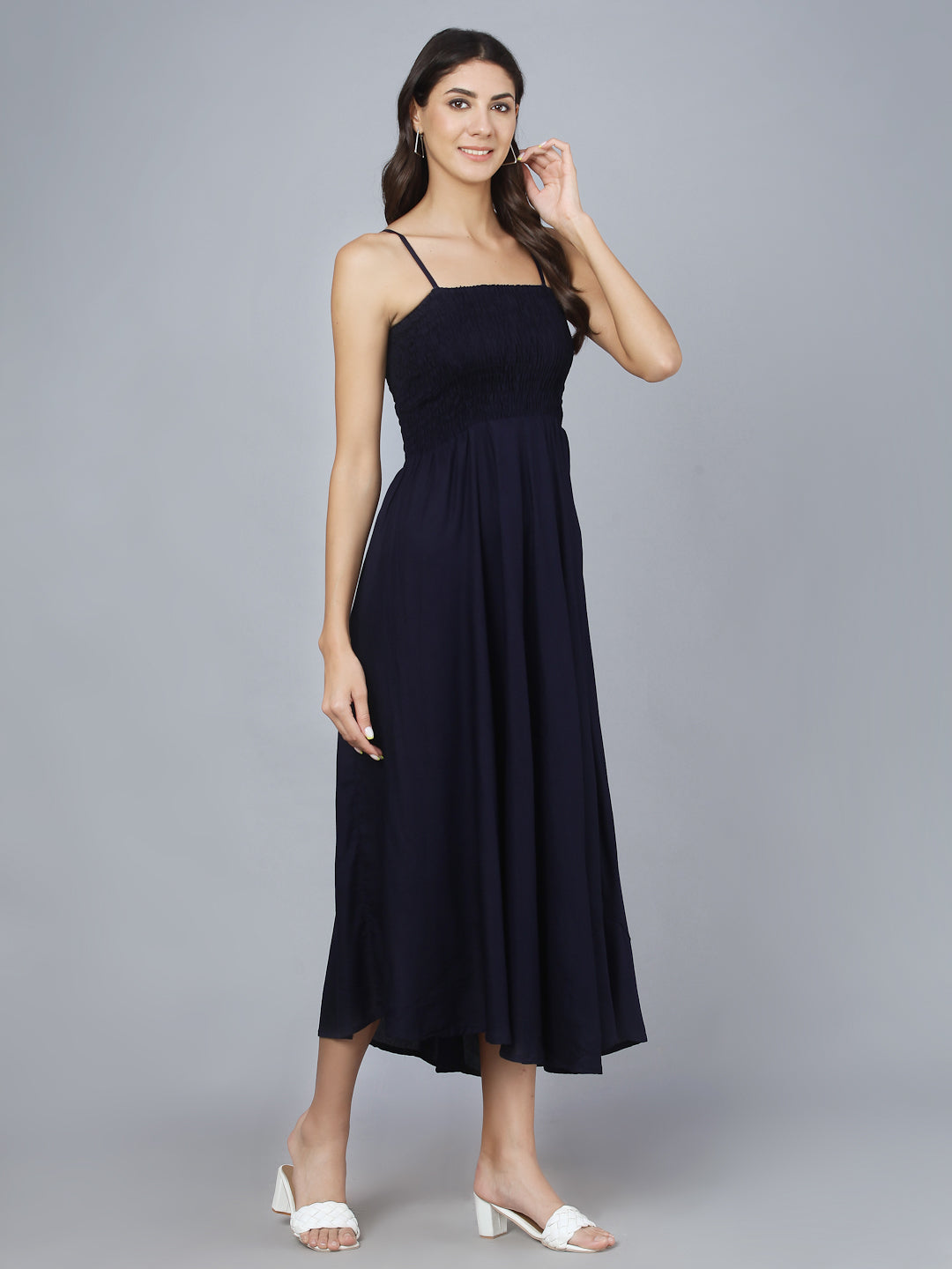 Navy Blue Shoulder Straps Long Bobbin Gown Dress