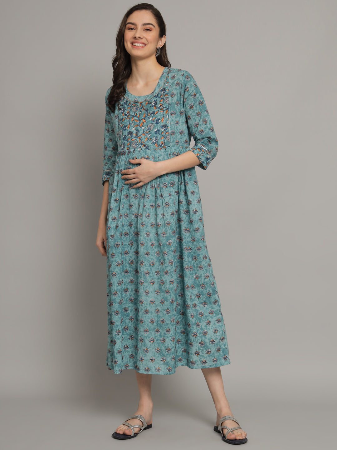 C-Green Booti Printed Maternity Gown with Feeding Zip