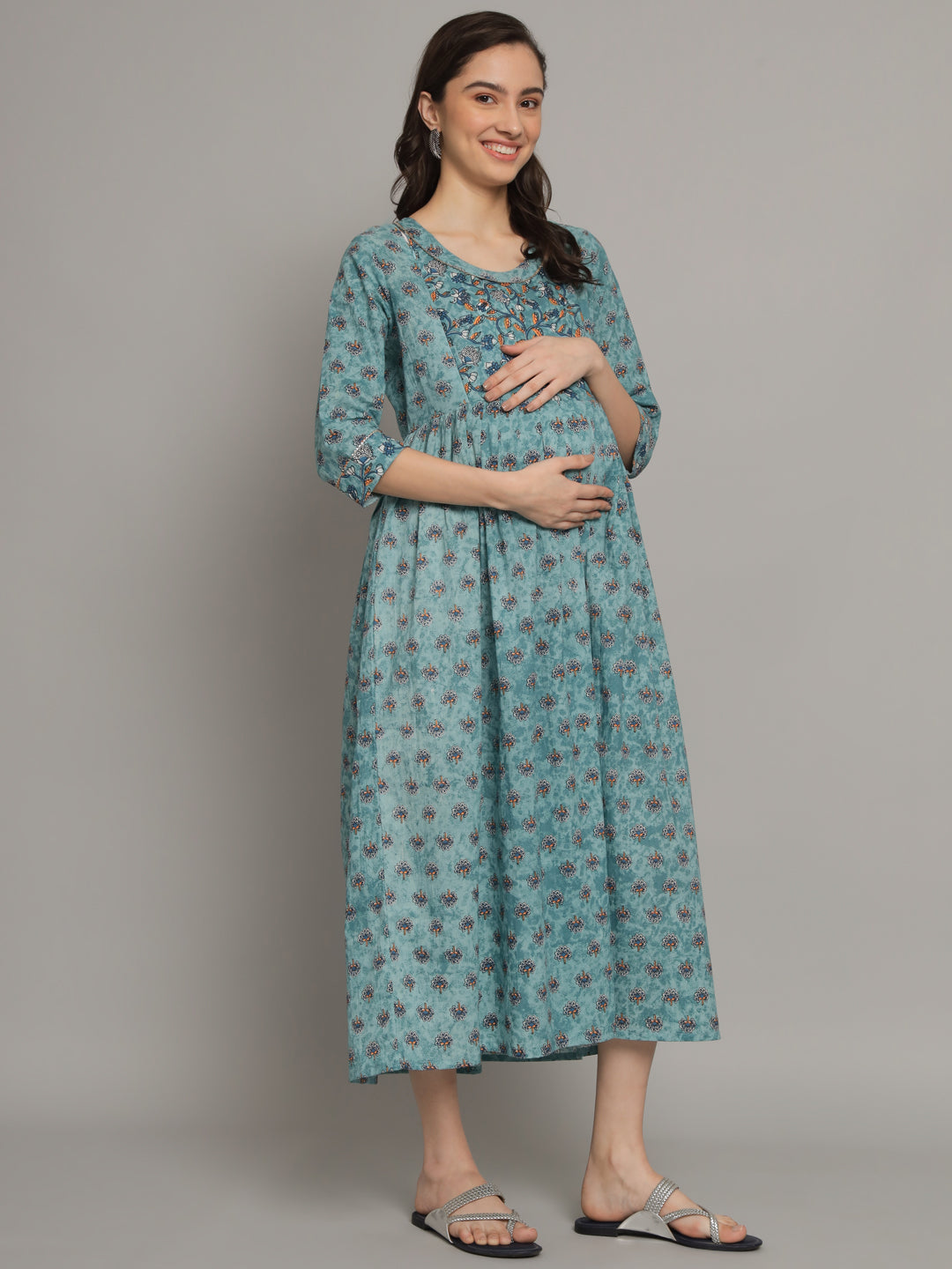 C-Green Booti Printed Maternity Gown with Feeding Zip