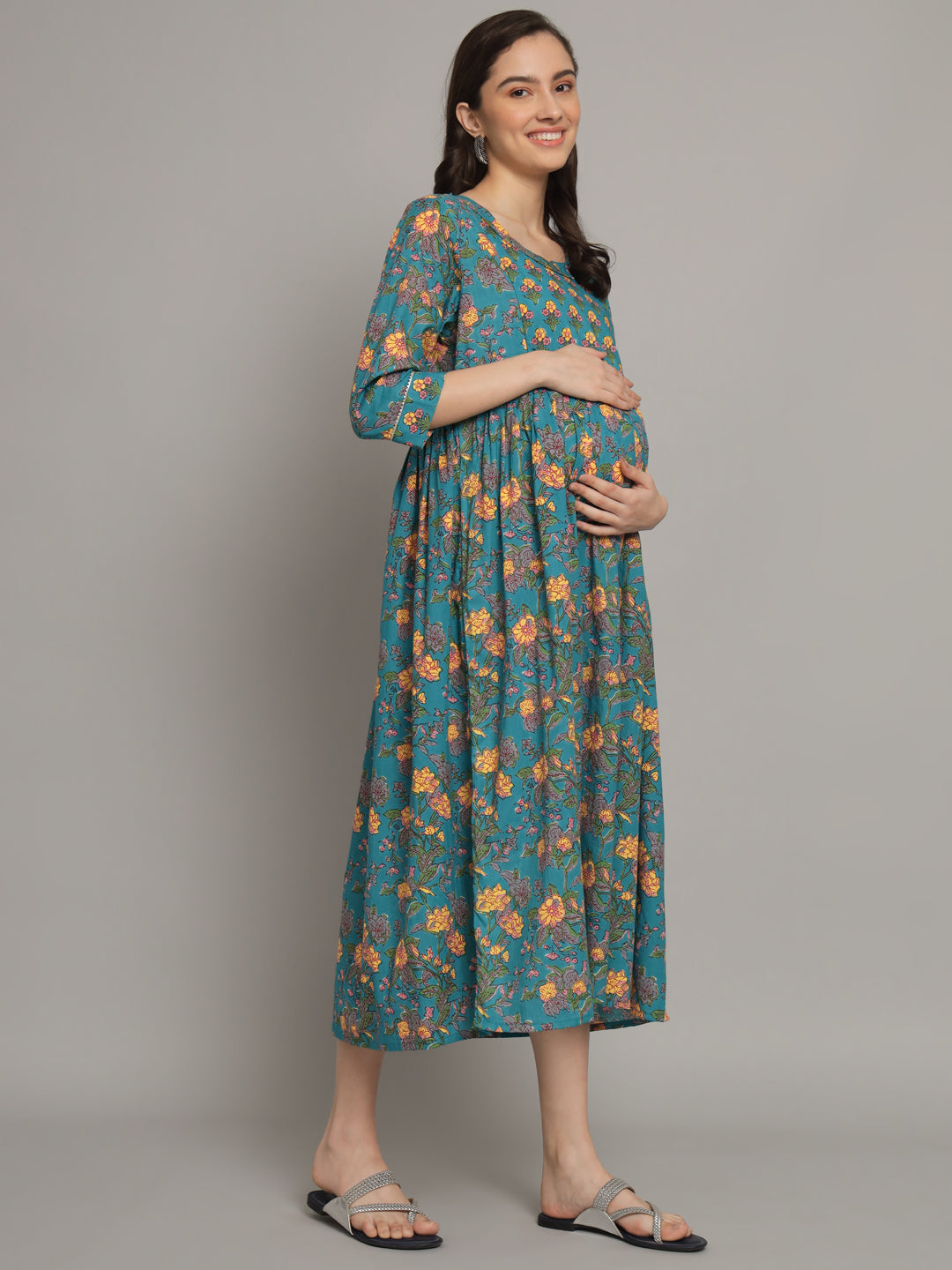 Green Flower Printed Maternity Gown with Feeding Zip