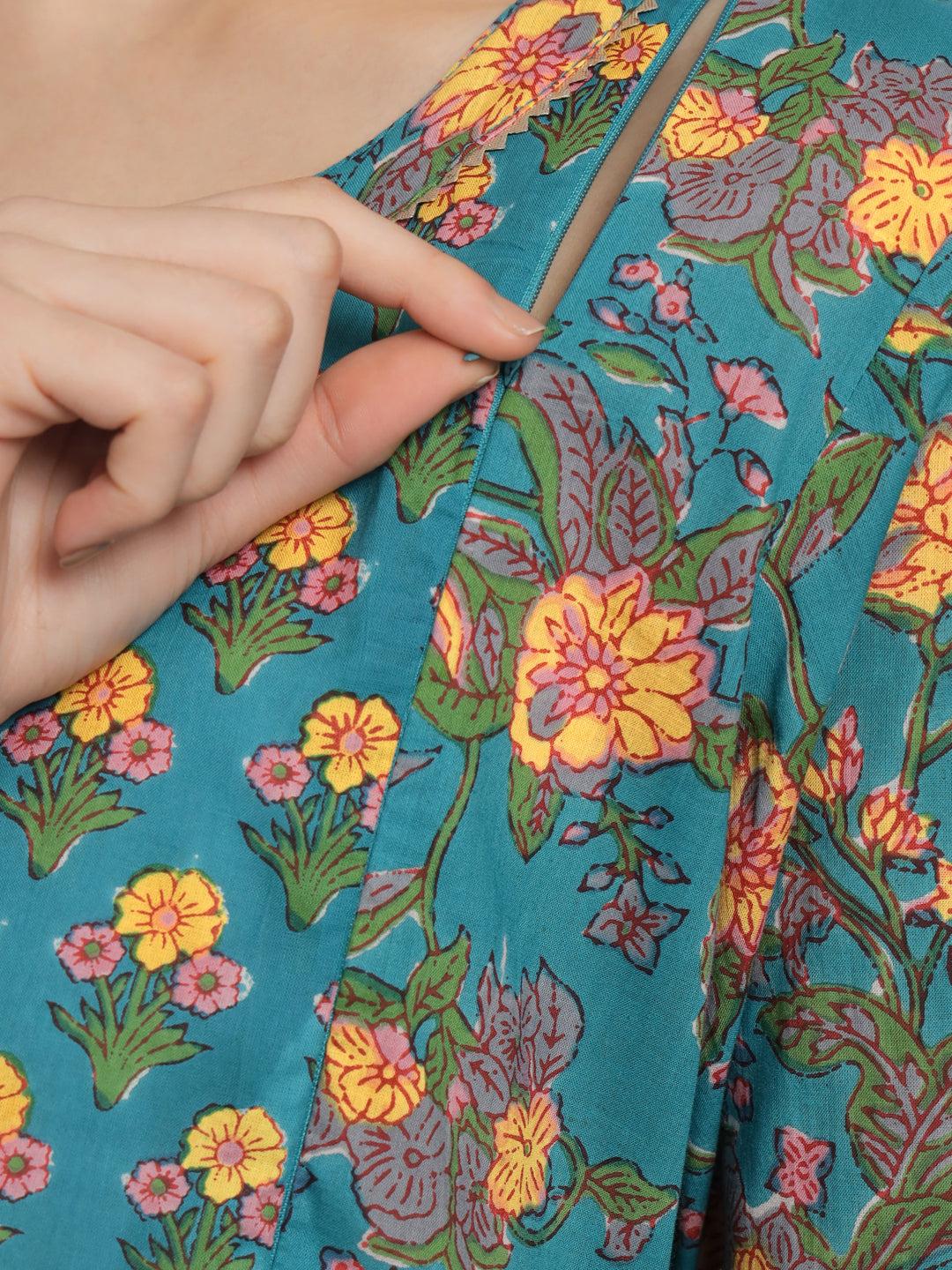 Green Flower Printed Maternity Gown with Feeding Zip