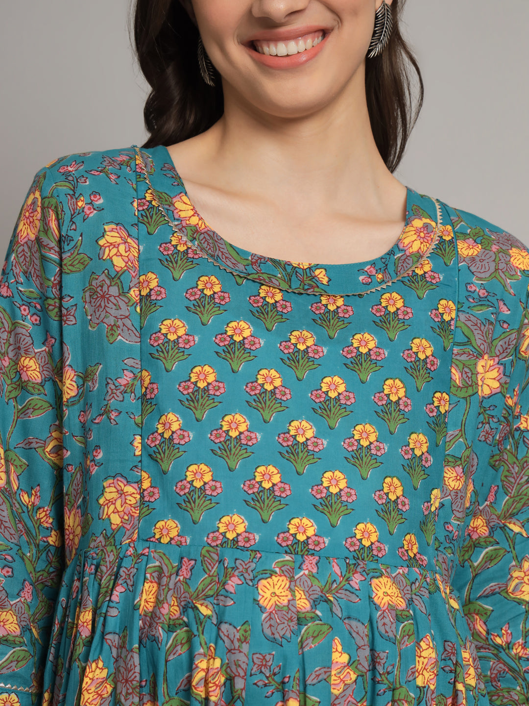 Green Flower Printed Maternity Gown with Feeding Zip