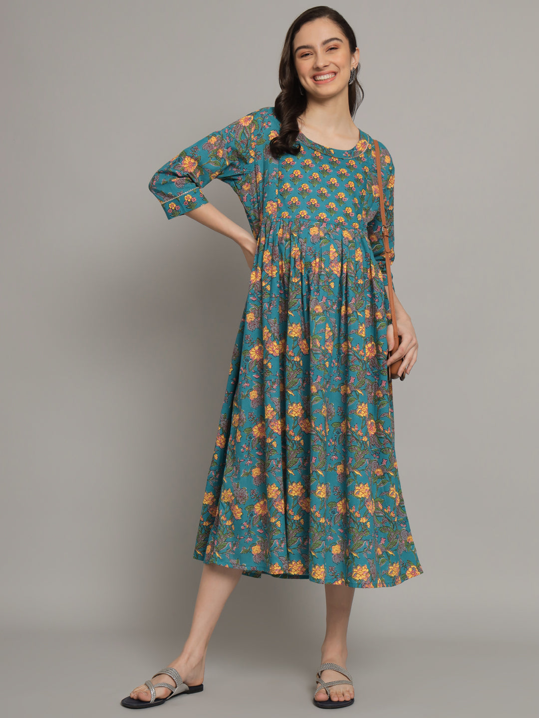 Green Flower Printed Maternity Gown with Feeding Zip