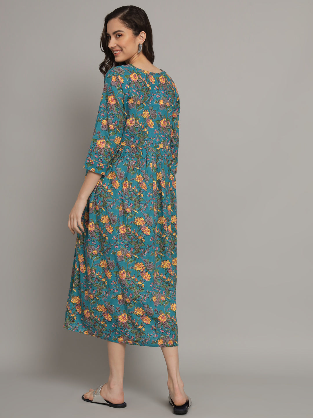 Green Flower Printed Maternity Gown with Feeding Zip