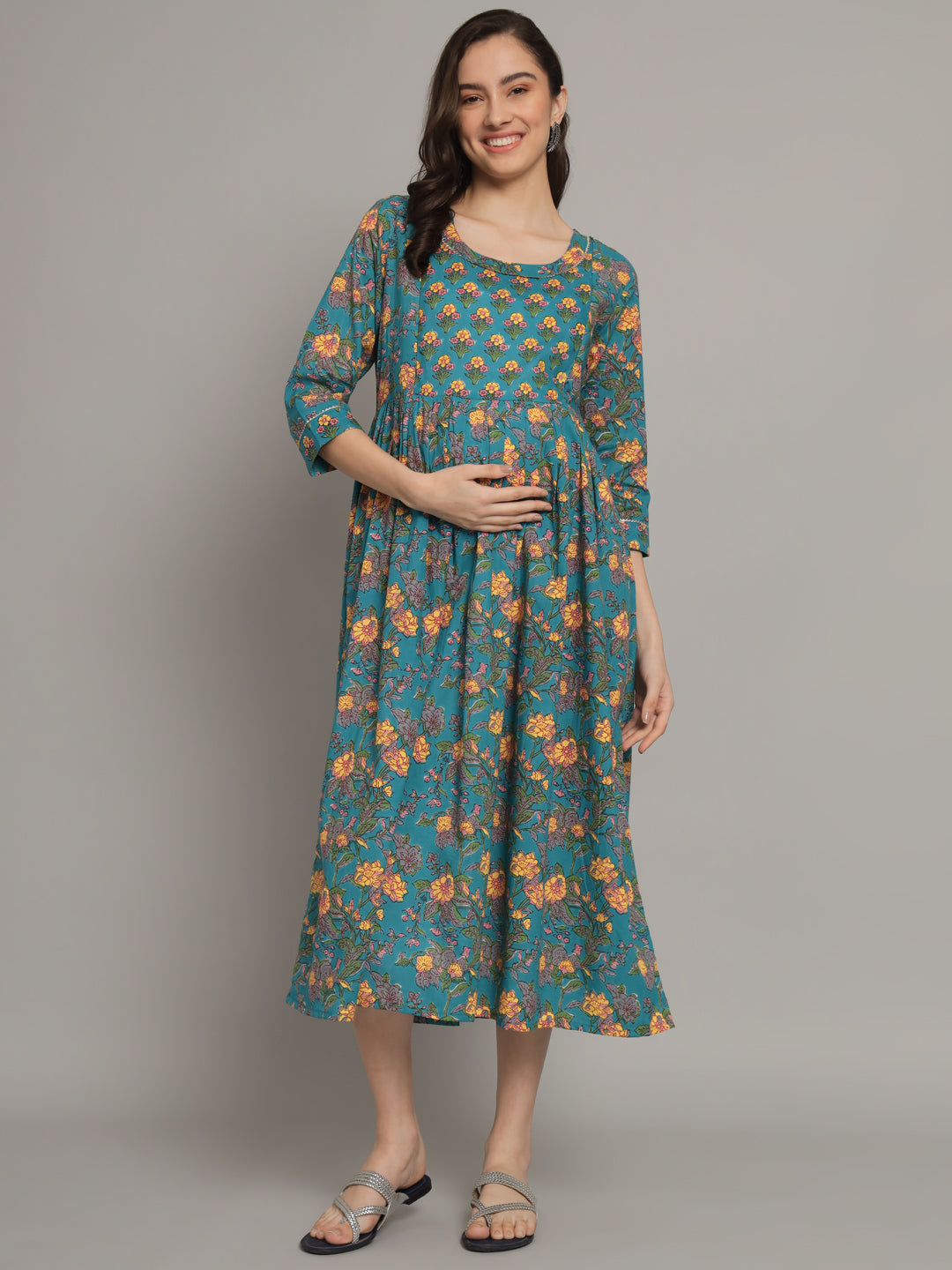 Green Flower Printed Maternity Gown with Feeding Zip