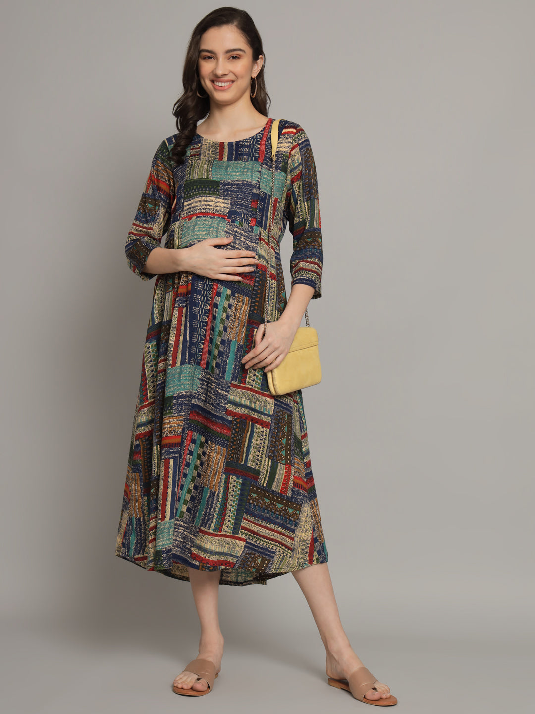 Geometric Printed Blue Maternity Gown with Feeding Zip