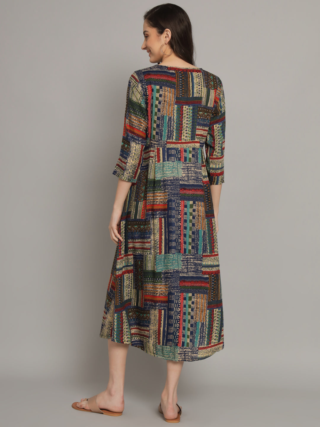 Geometric Printed Blue Maternity Gown with Feeding Zip