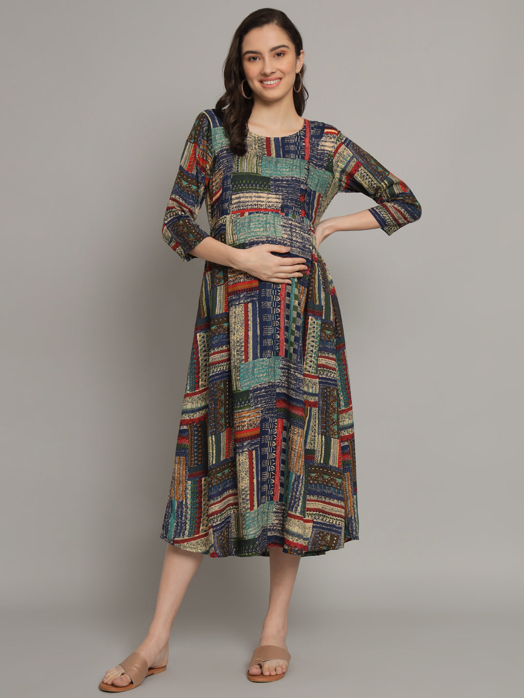 Geometric Printed Blue Maternity Gown with Feeding Zip