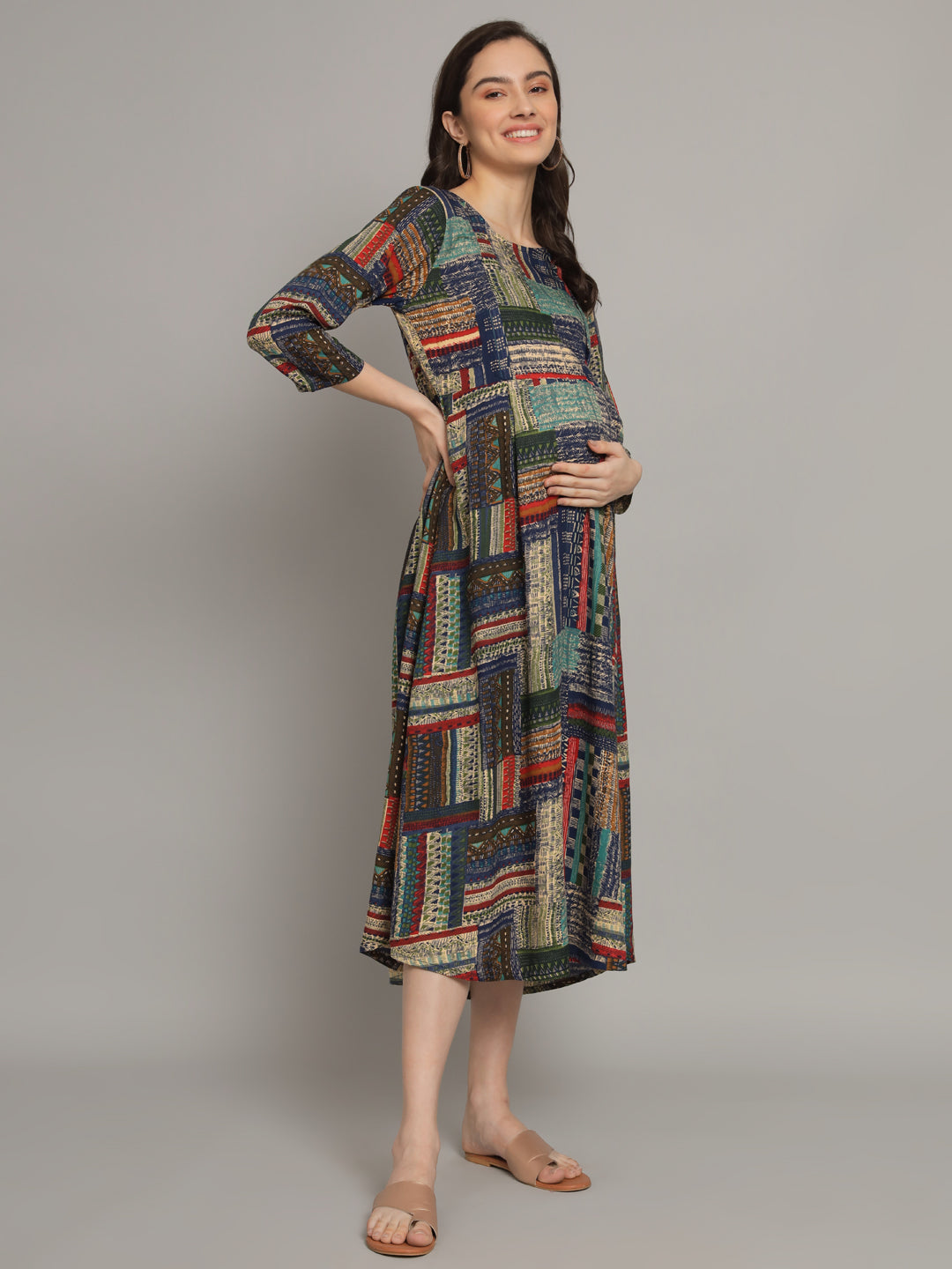 Geometric Printed Blue Maternity Gown with Feeding Zip