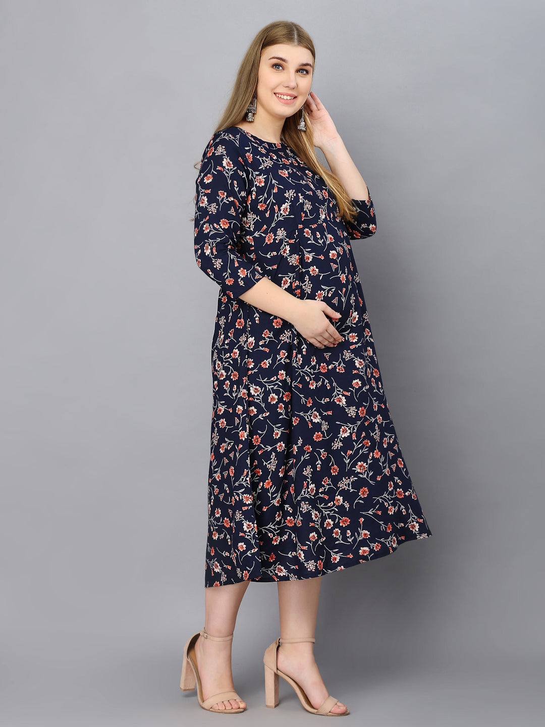 Blue Flower Printed Maternity Gown with Feeding Zip