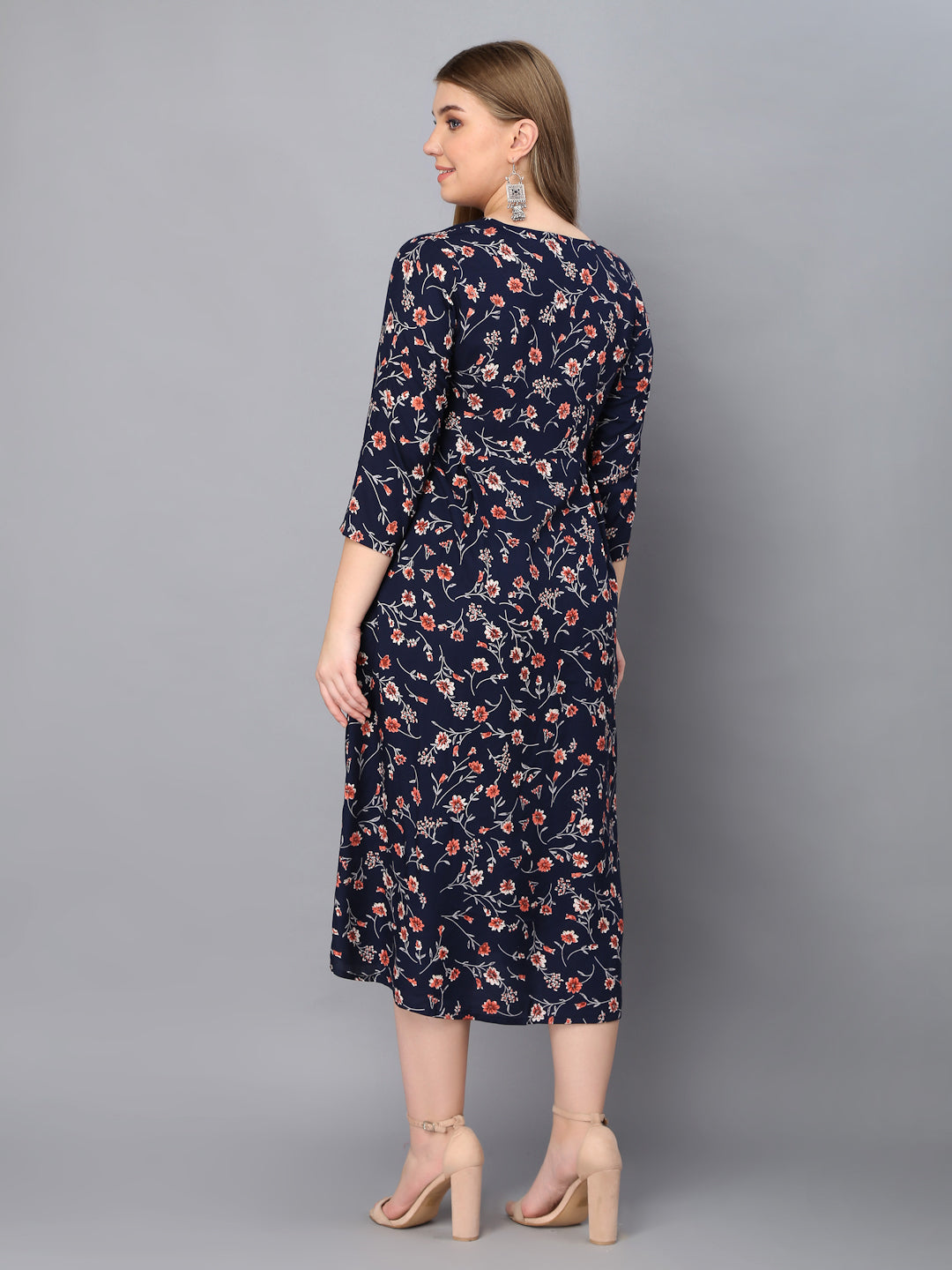 Blue Flower Printed Maternity Gown with Feeding Zip
