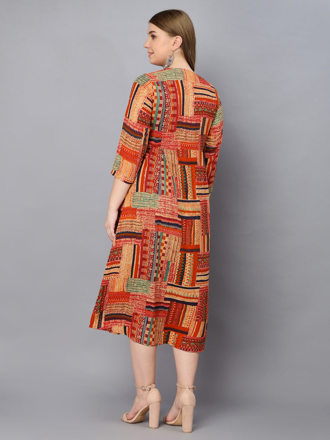 Geometric Printed Brown Maternity Gown with Feeding Zip