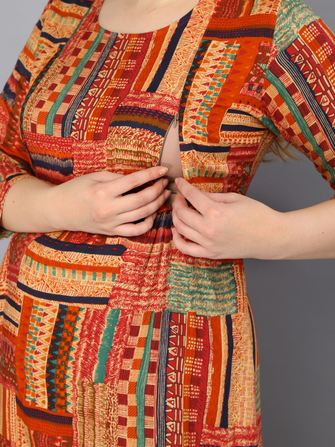 Geometric Printed Brown Maternity Gown with Feeding Zip