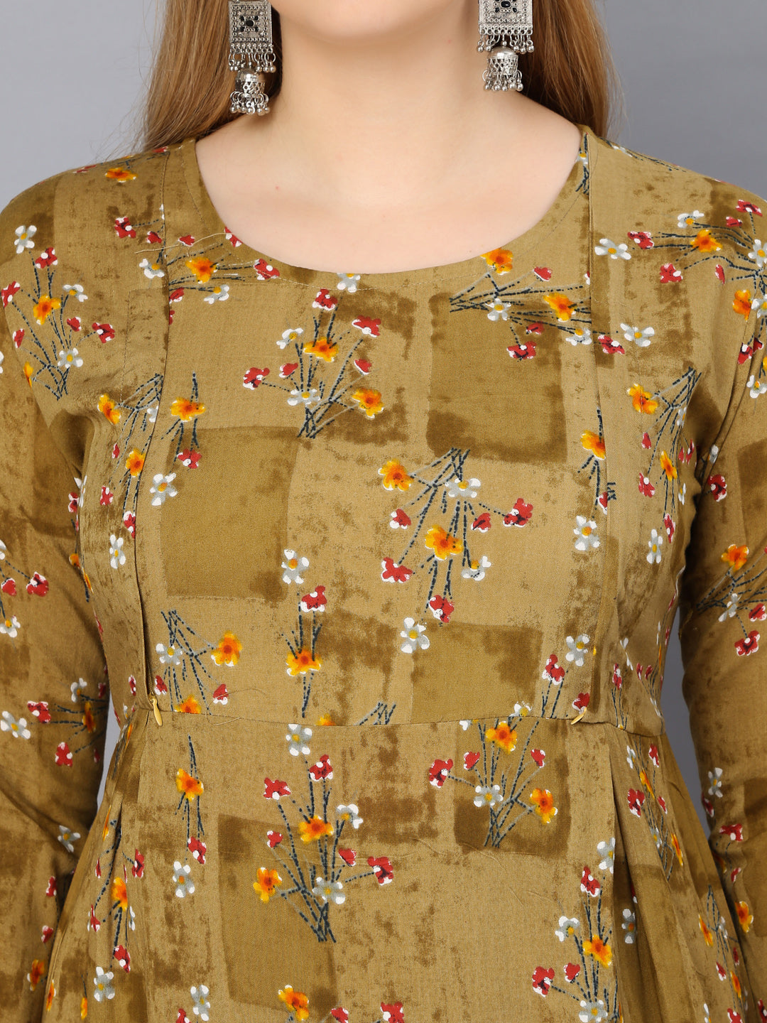 Flower Printed Brown Maternity Feeding Gown with Zip