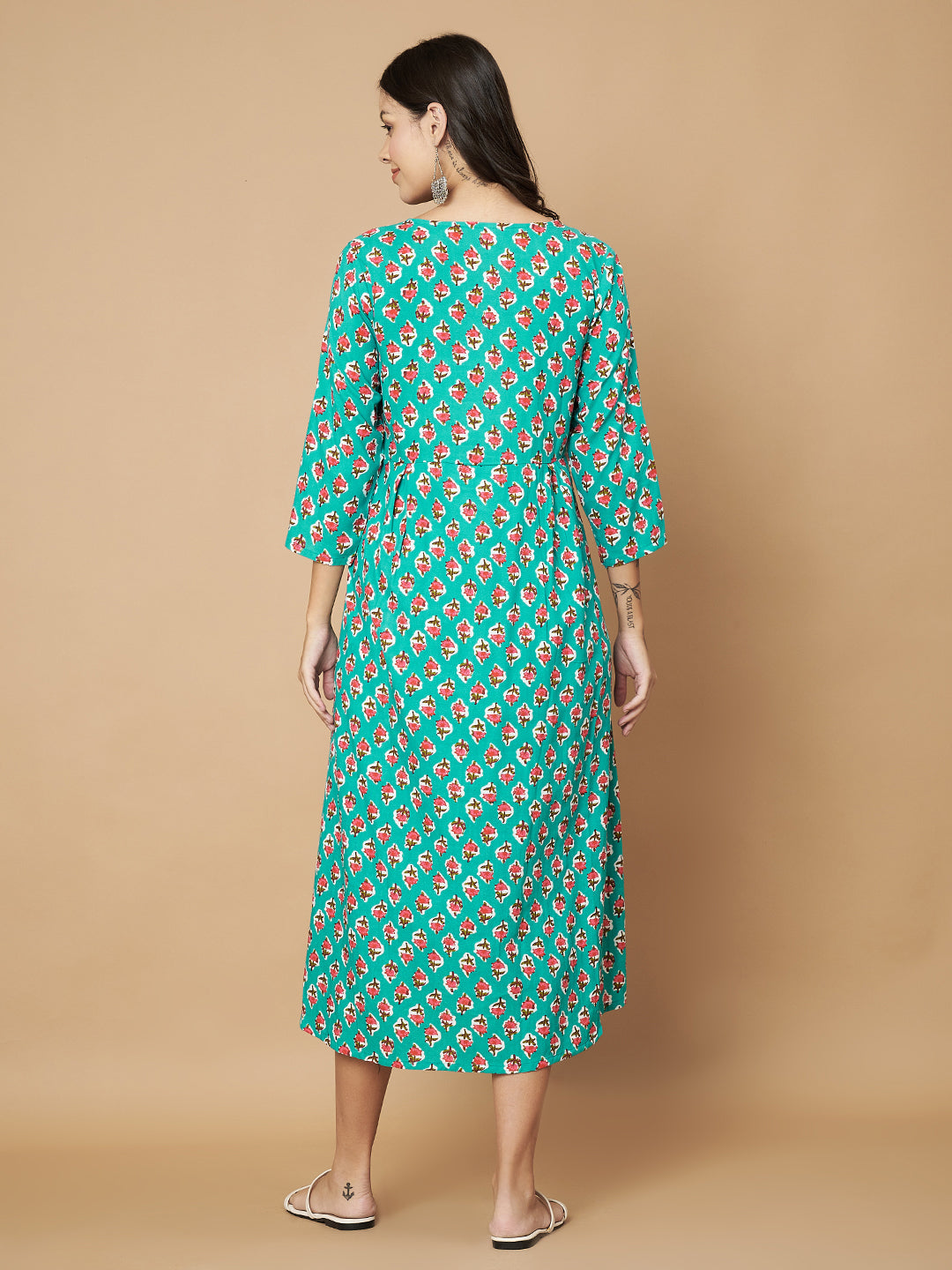 Green Booti Printed Maternity Feeding Gown with Zip
