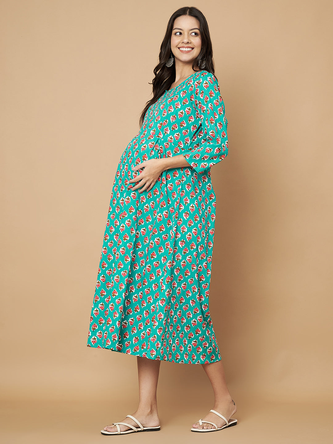 Green Booti Printed Maternity Feeding Gown with Zip