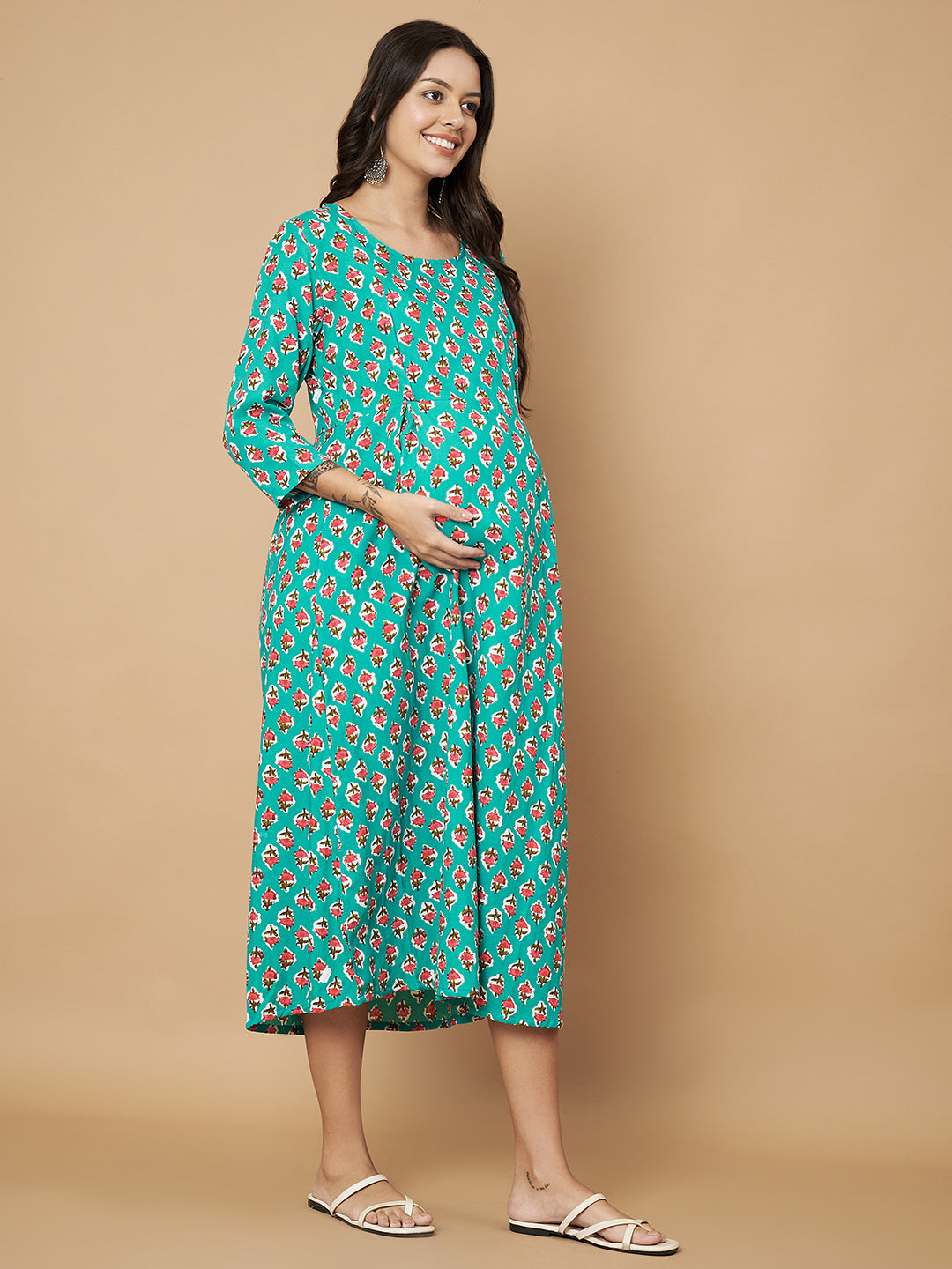 Green Booti Printed Maternity Feeding Gown with Zip