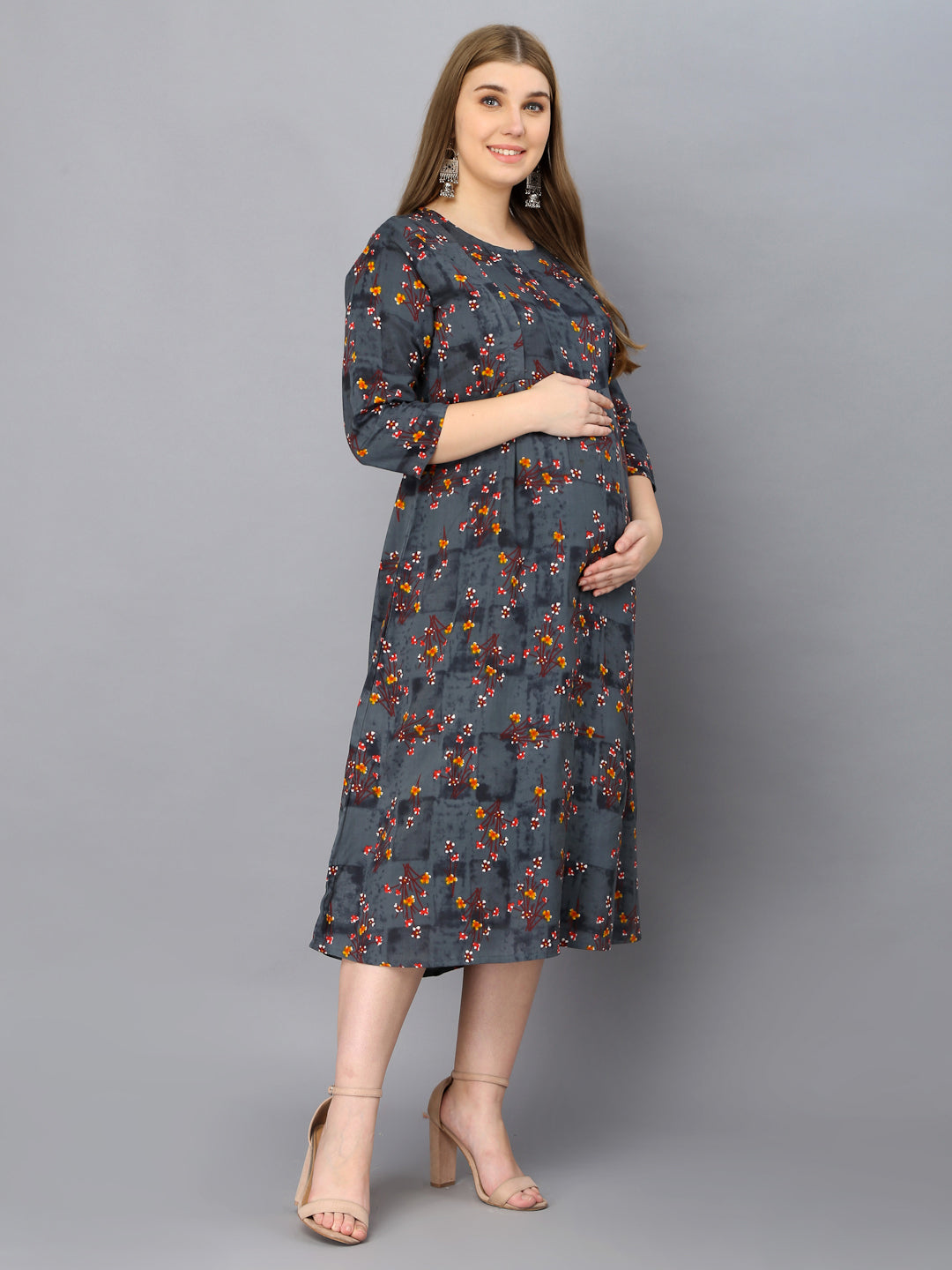 Dark Grey Flower Printed Maternity Feeding Gown with Zip