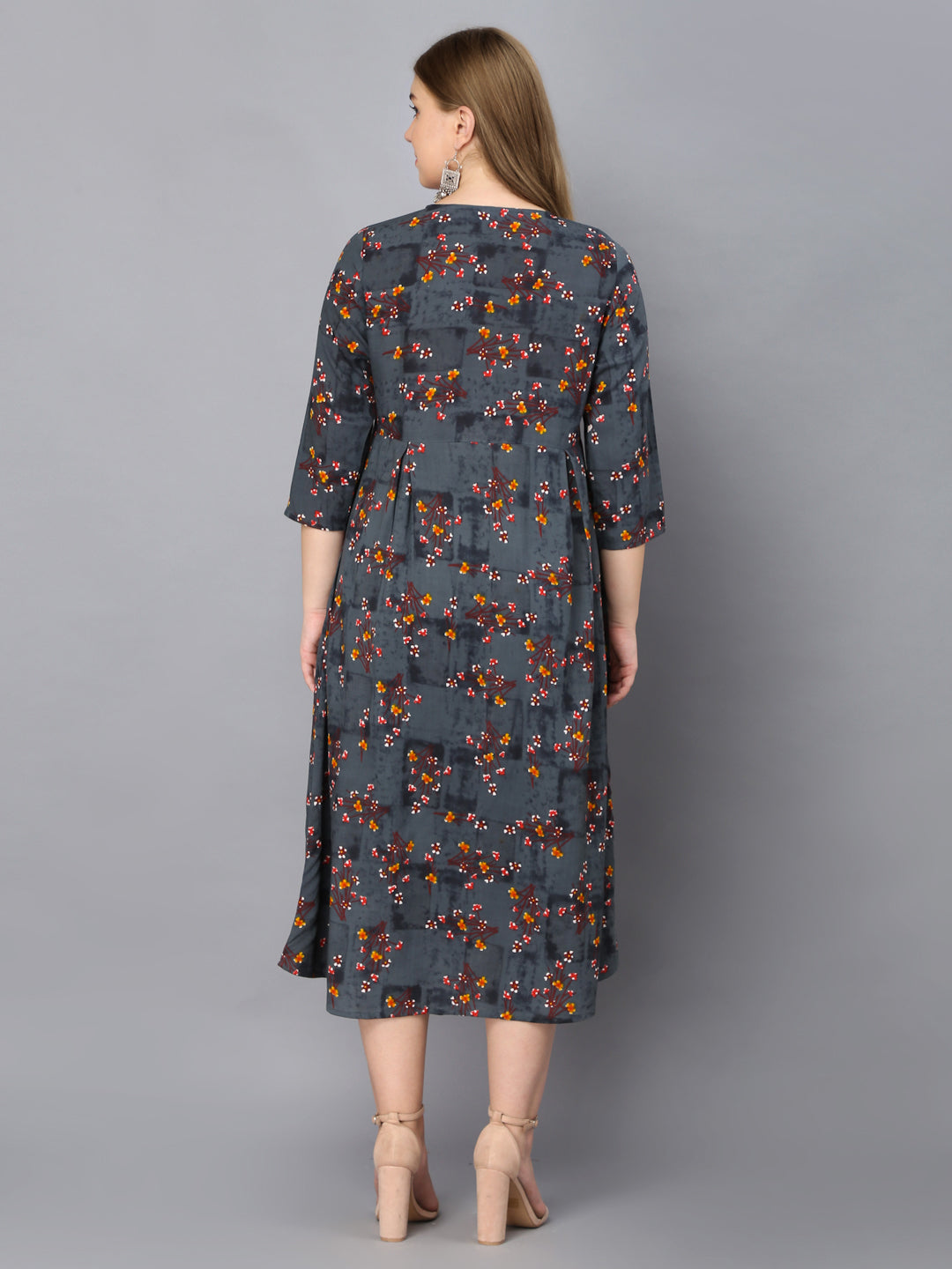 Dark Grey Flower Printed Maternity Feeding Gown with Zip