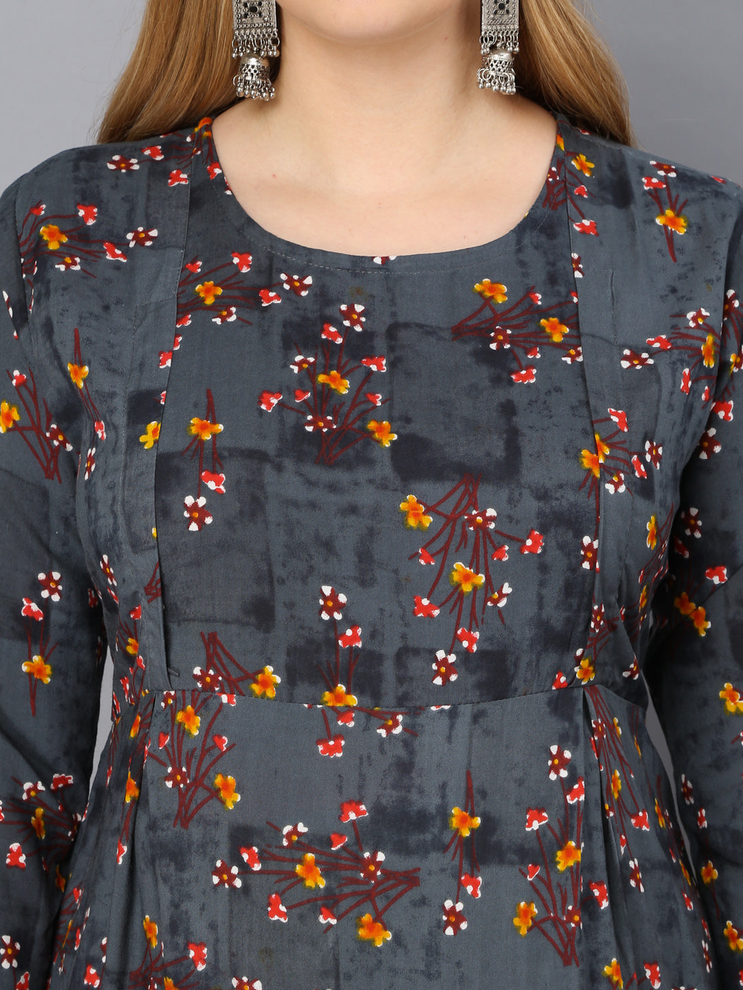 Dark Grey Flower Printed Maternity Feeding Gown with Zip