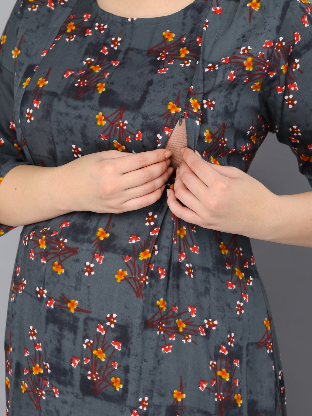 Dark Grey Flower Printed Maternity Feeding Gown with Zip