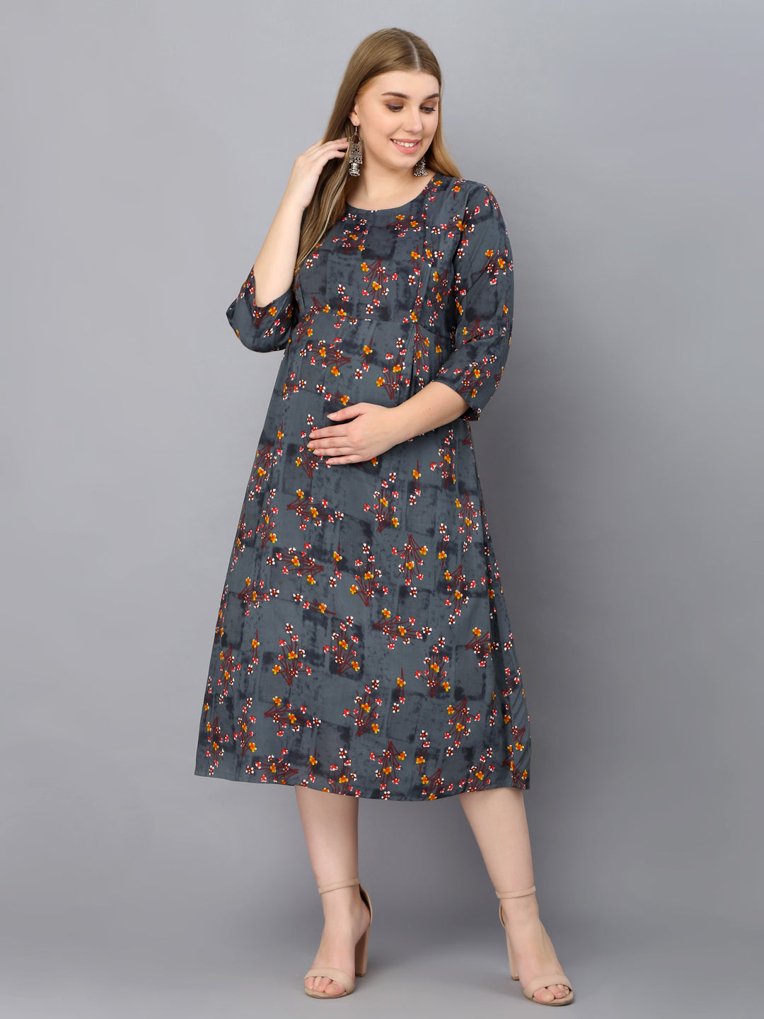 Dark Grey Flower Printed Maternity Feeding Gown with Zip