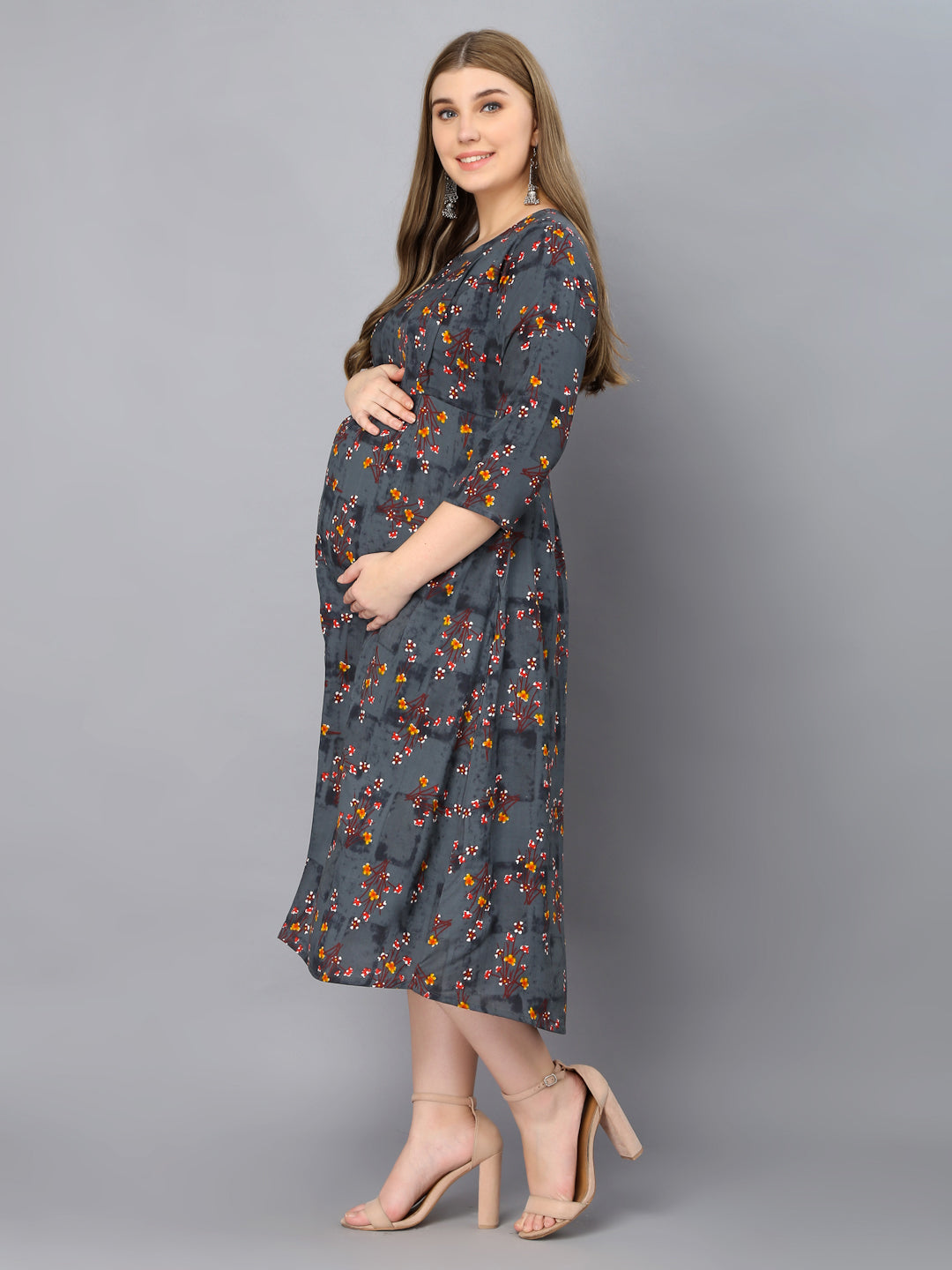 Dark Grey Flower Printed Maternity Feeding Gown with Zip