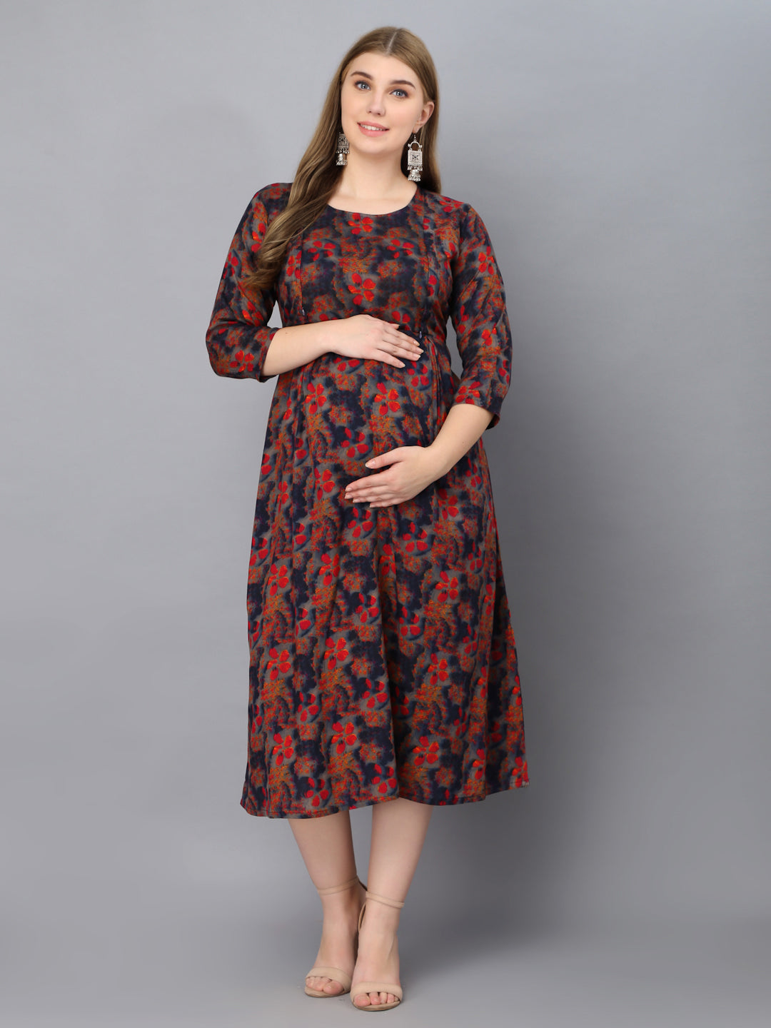 Abstract Printed Blue Maternity Feeding Gown with Zip