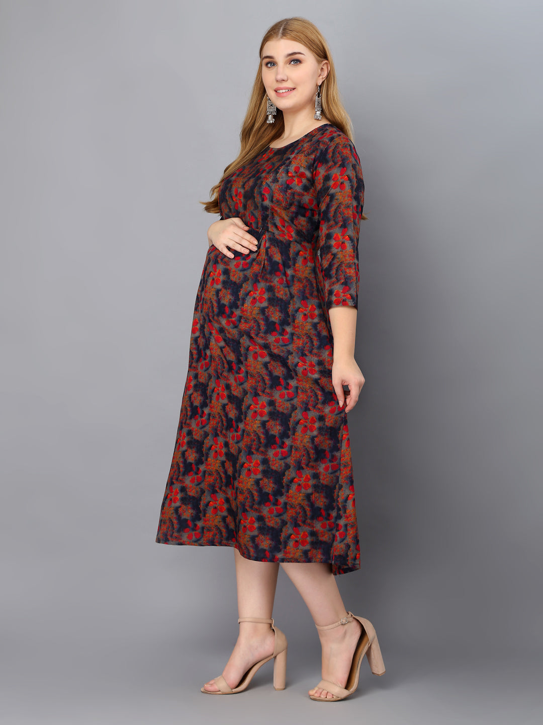Abstract Printed Blue Maternity Feeding Gown with Zip