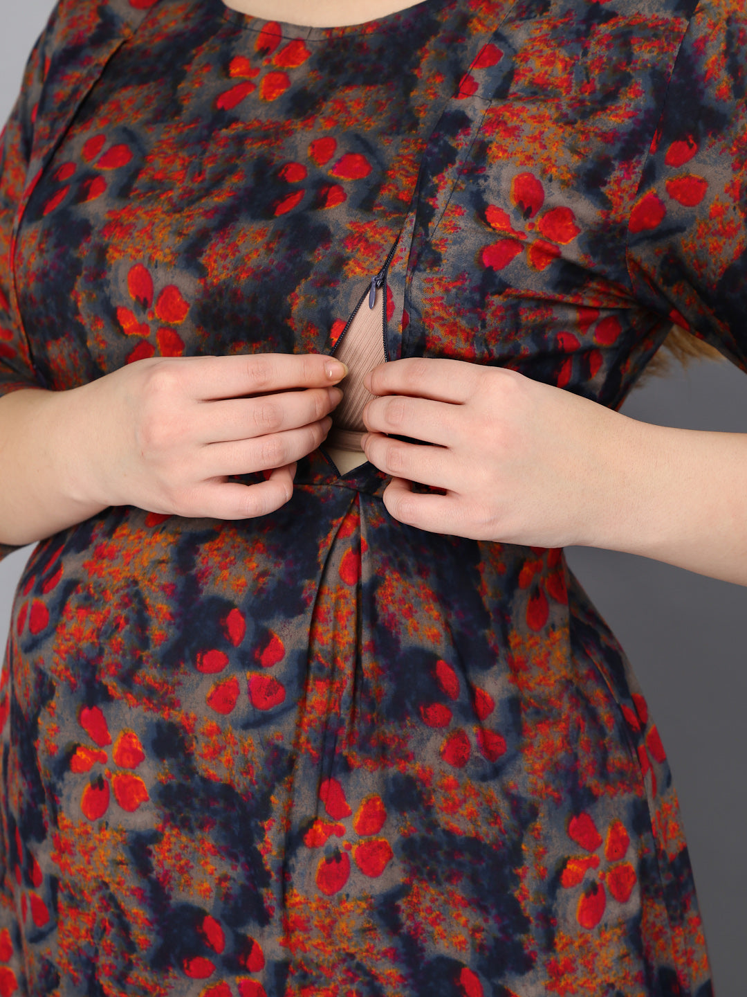 Abstract Printed Blue Maternity Feeding Gown with Zip