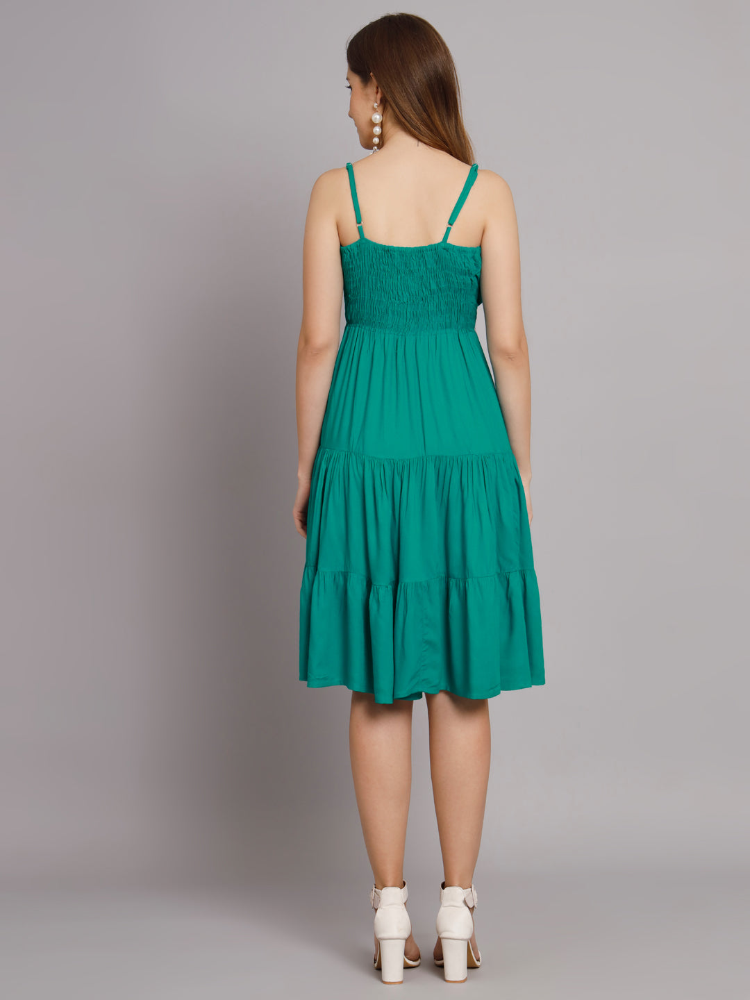 Rama Green Shoulder Straps V-Neck One Piece 3 Tier Dress