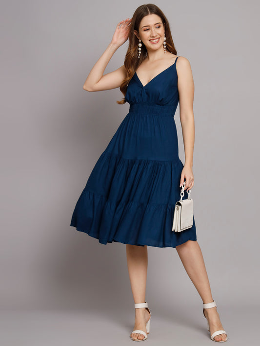 Teal Blue Shoulder Straps V-Neck One Piece 3 Tier Dress