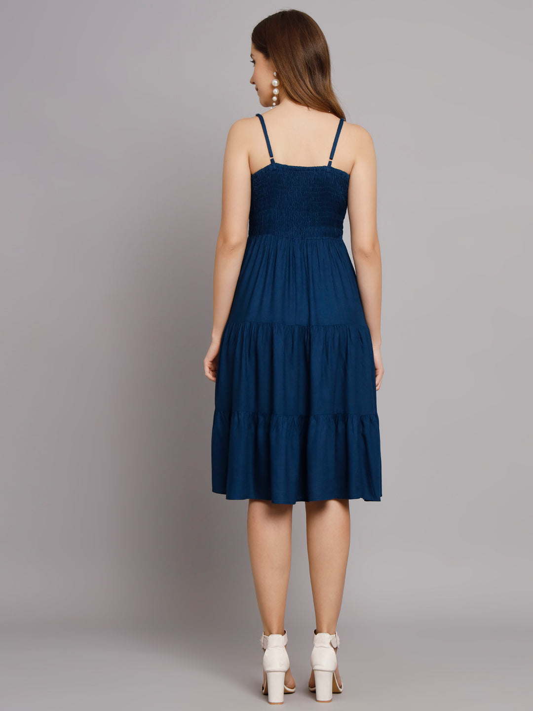 Teal Blue Shoulder Straps V-Neck One Piece 3 Tier Dress