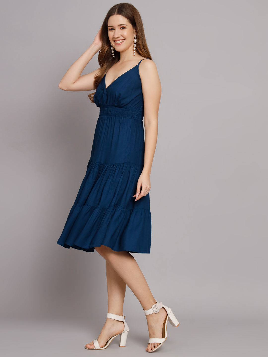 Teal Blue Shoulder Straps V-Neck One Piece 3 Tier Dress