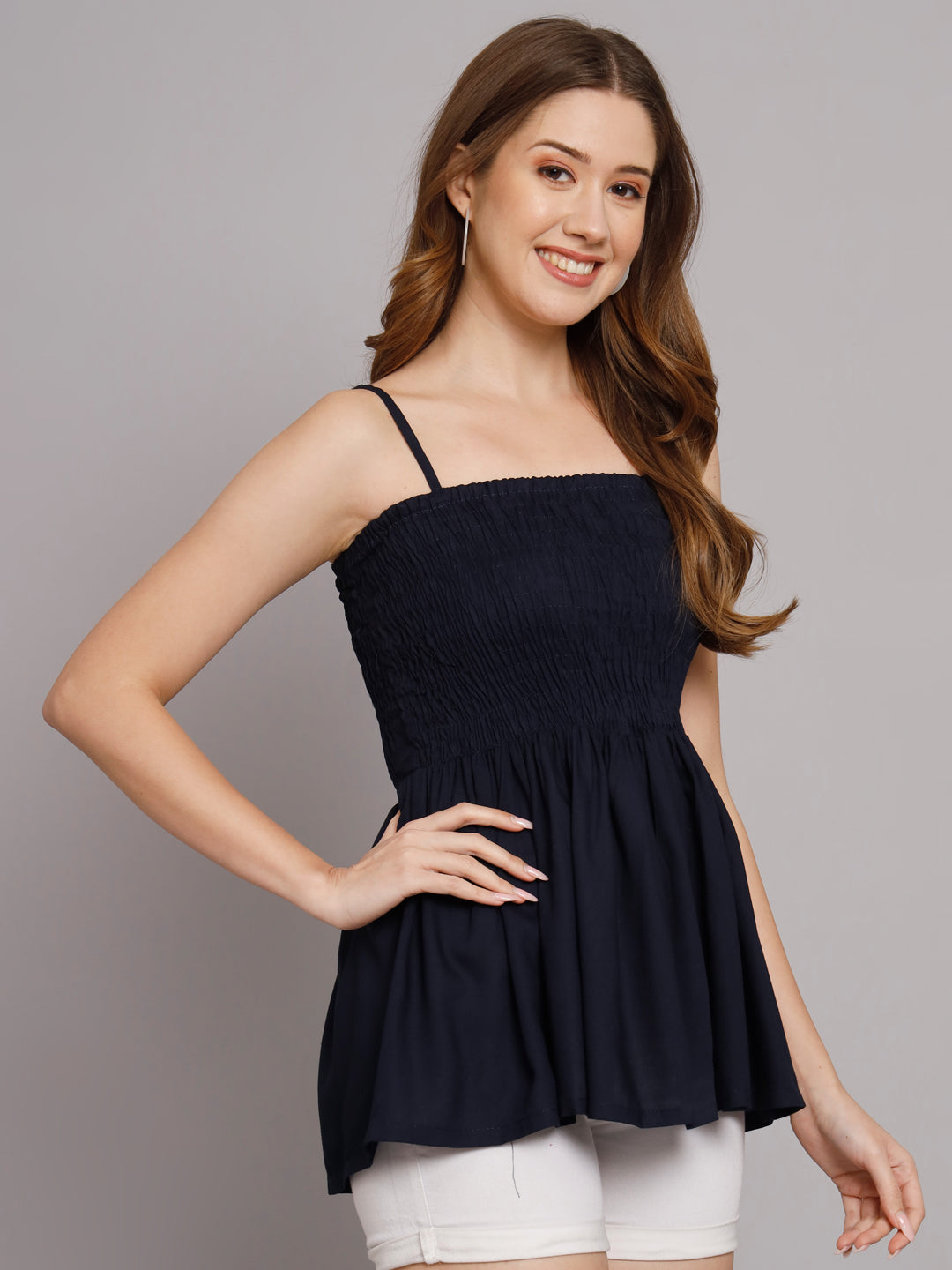 Solid Navy Blue Shoulder Straps Bobbin Elastic Short Top