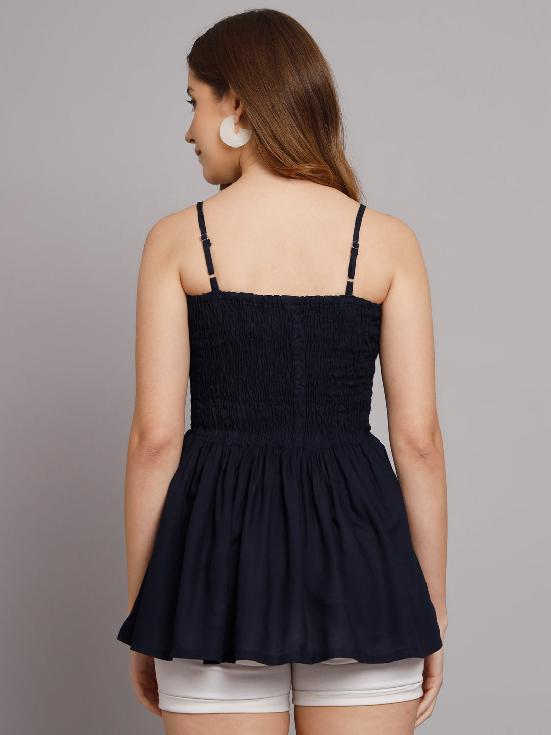 Solid Navy Blue Shoulder Straps Bobbin Elastic Short Top